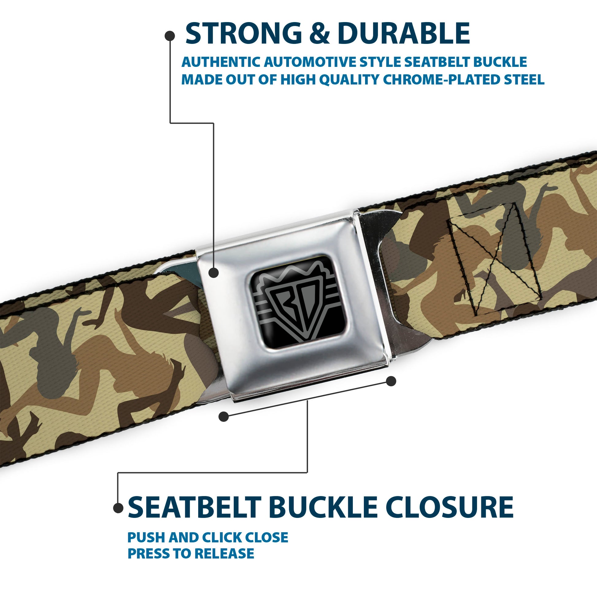BD Wings Logo CLOSE-UP Full Color Black Silver Seatbelt Belt - Mud Flap Girls Camo Browns Webbing Seatbelt Belts Buckle-Down