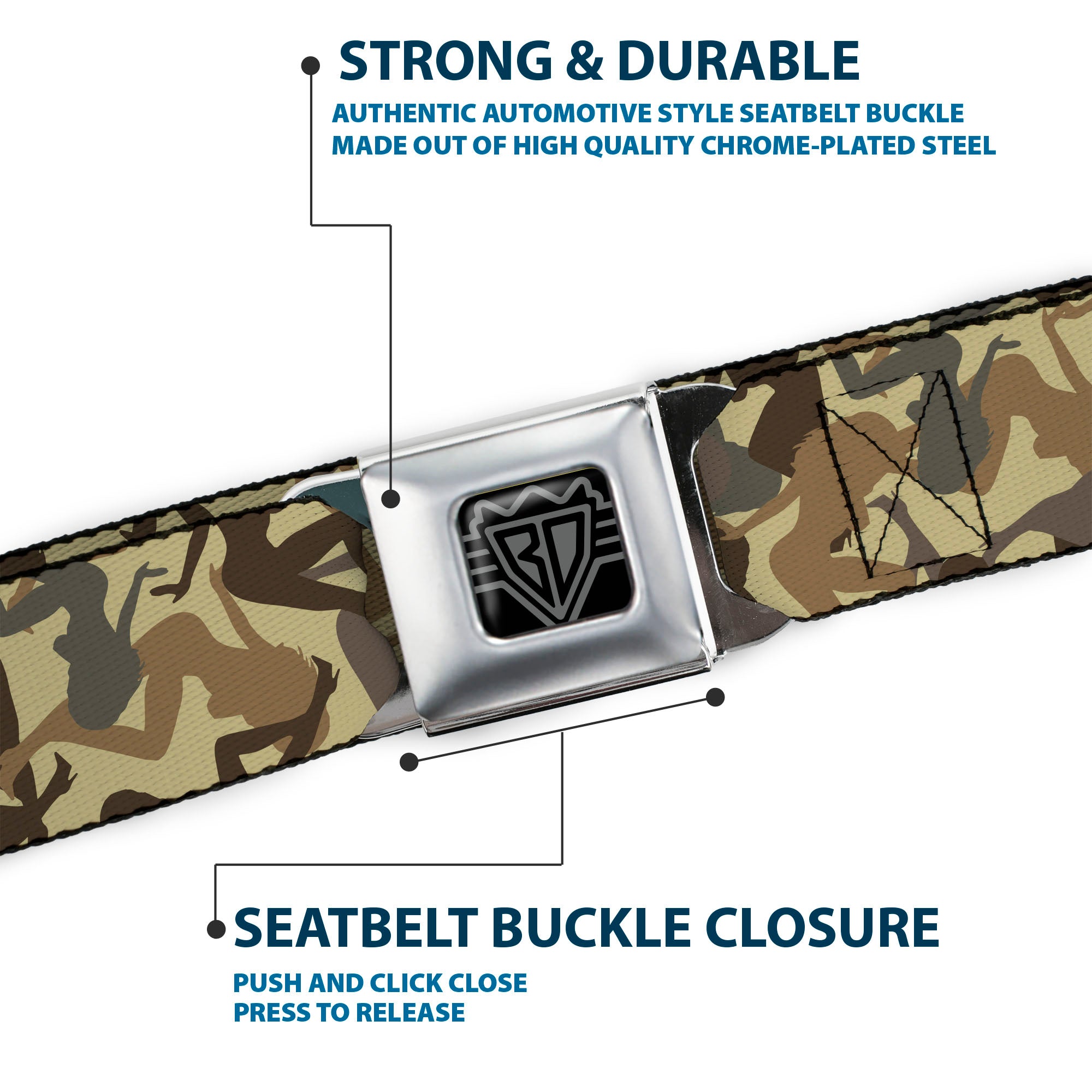 BD Wings Logo CLOSE-UP Full Color Black Silver Seatbelt Belt - Mud Flap Girls Camo Browns Webbing Seatbelt Belts Buckle-Down