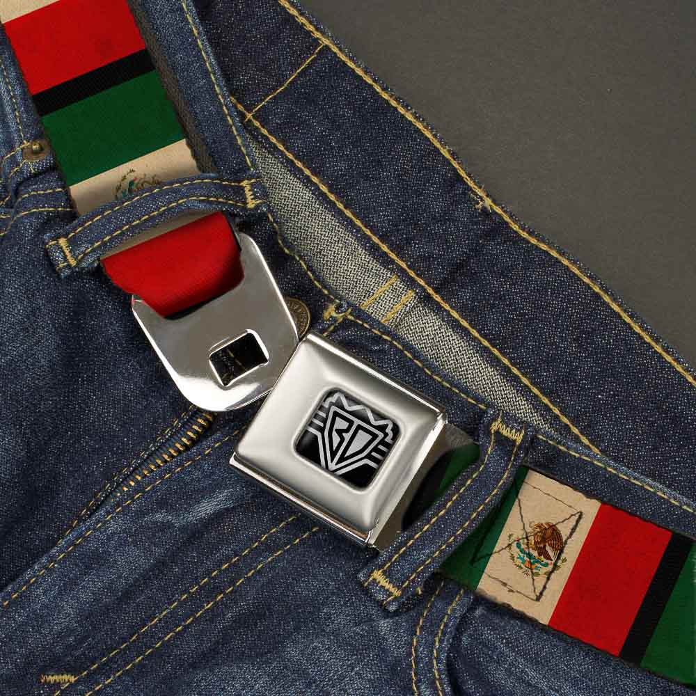 BD Wings Logo CLOSE-UP Full Color Black Silver Seatbelt Belt - Mexico Flag Distressed Webbing Seatbelt Belts Buckle-Down