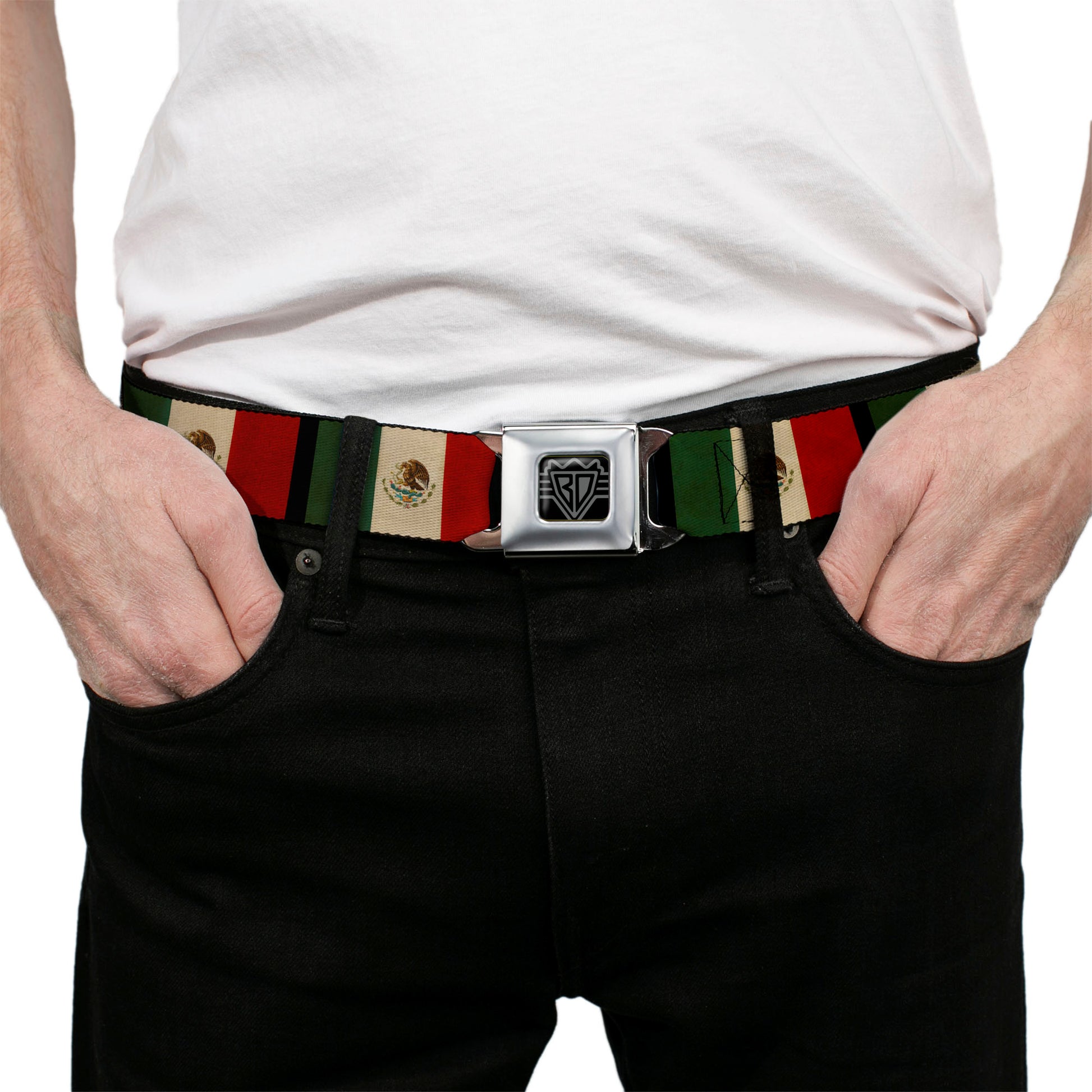 BD Wings Logo CLOSE-UP Full Color Black Silver Seatbelt Belt - Mexico Flag Distressed Webbing Seatbelt Belts Buckle-Down