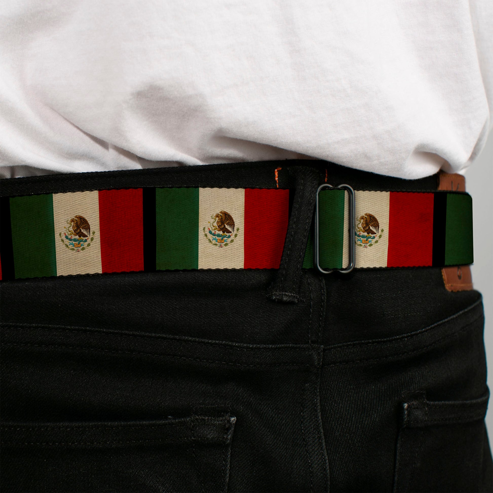 BD Wings Logo CLOSE-UP Full Color Black Silver Seatbelt Belt - Mexico Flag Distressed Webbing Seatbelt Belts Buckle-Down