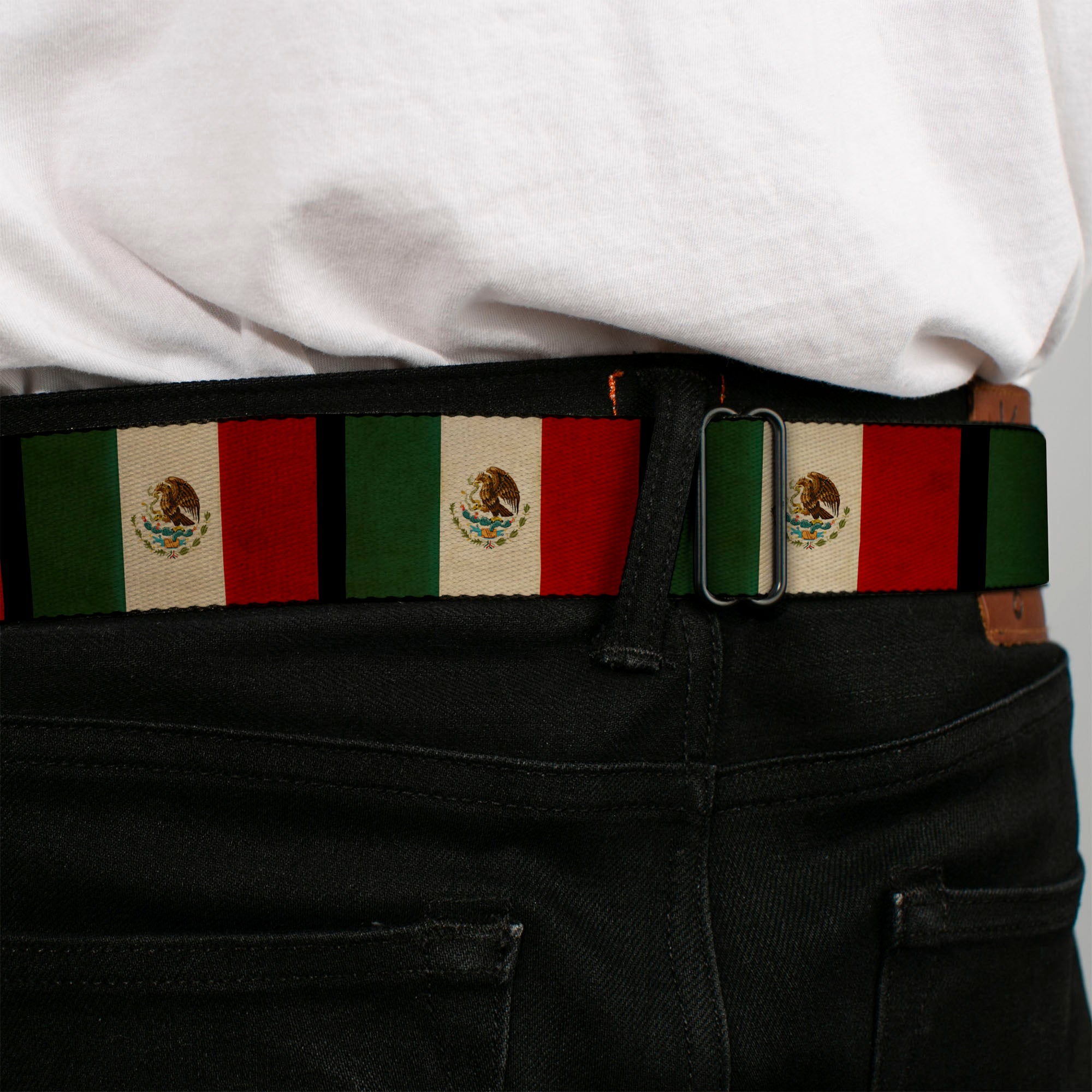 BD Wings Logo CLOSE-UP Full Color Black Silver Seatbelt Belt - Mexico Flag Distressed Webbing Seatbelt Belts Buckle-Down