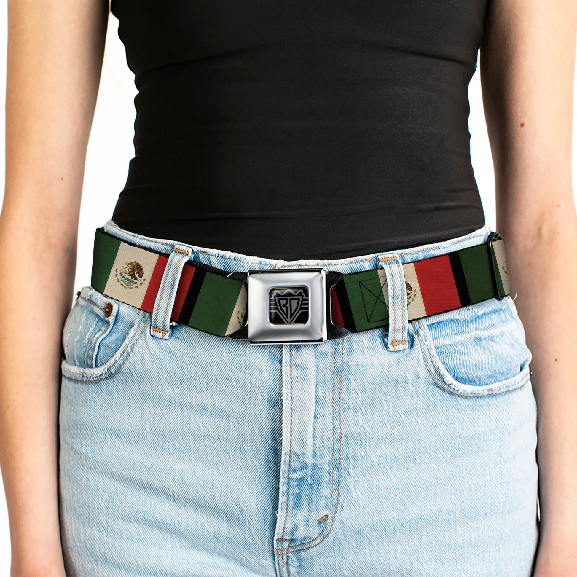 BD Wings Logo CLOSE-UP Full Color Black Silver Seatbelt Belt - Mexico Flag Distressed Webbing Seatbelt Belts Buckle-Down