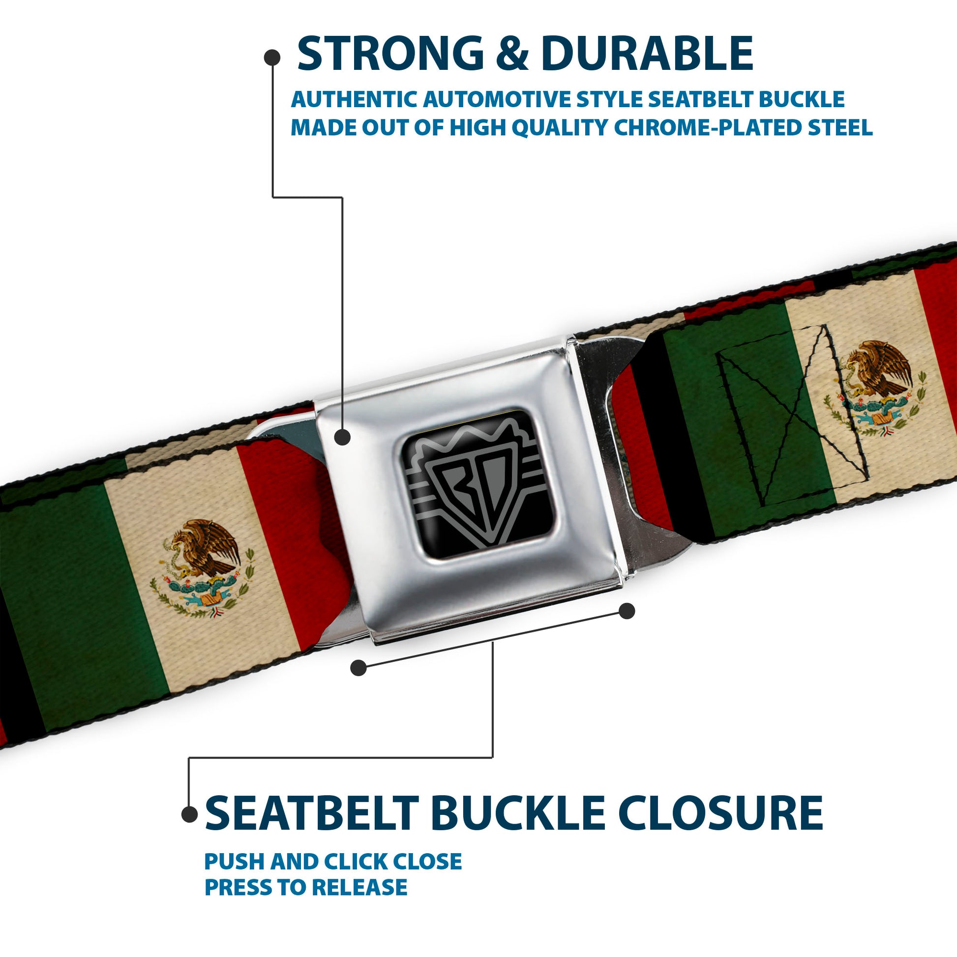 BD Wings Logo CLOSE-UP Full Color Black Silver Seatbelt Belt - Mexico Flag Distressed Webbing Seatbelt Belts Buckle-Down