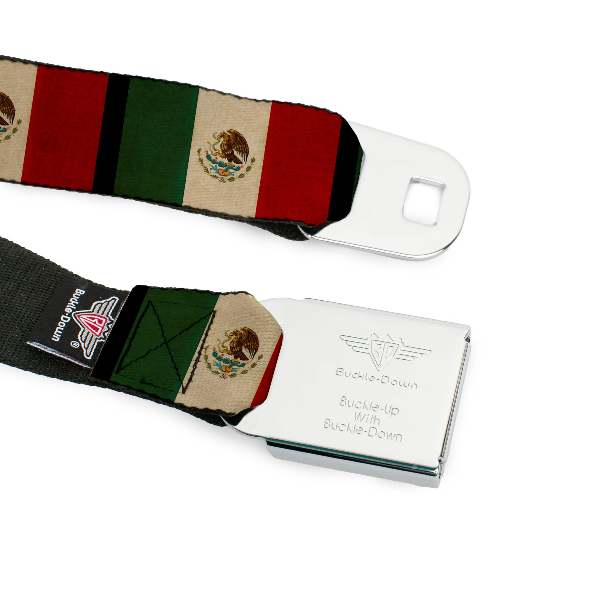 BD Wings Logo CLOSE-UP Full Color Black Silver Seatbelt Belt - Mexico Flag Distressed Webbing Seatbelt Belts Buckle-Down