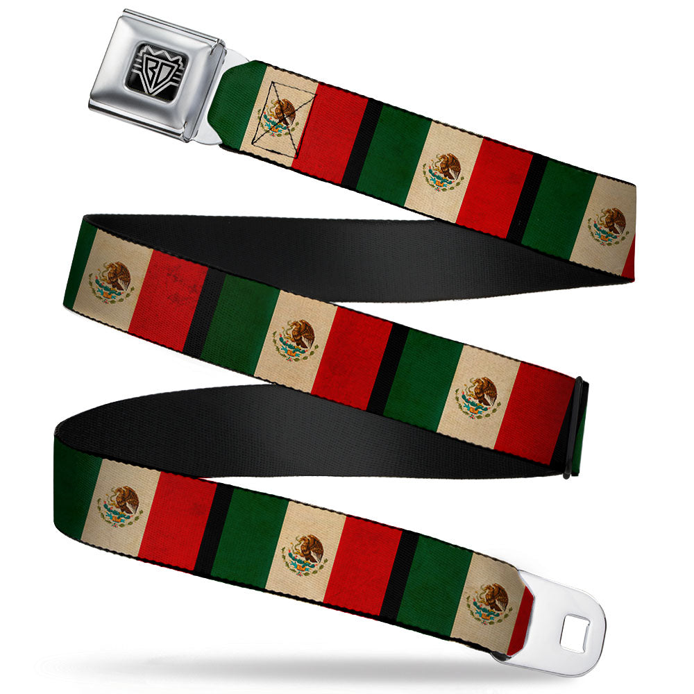 BD Wings Logo CLOSE-UP Full Color Black Silver Seatbelt Belt - Mexico Flag Distressed Webbing Seatbelt Belts Buckle-Down