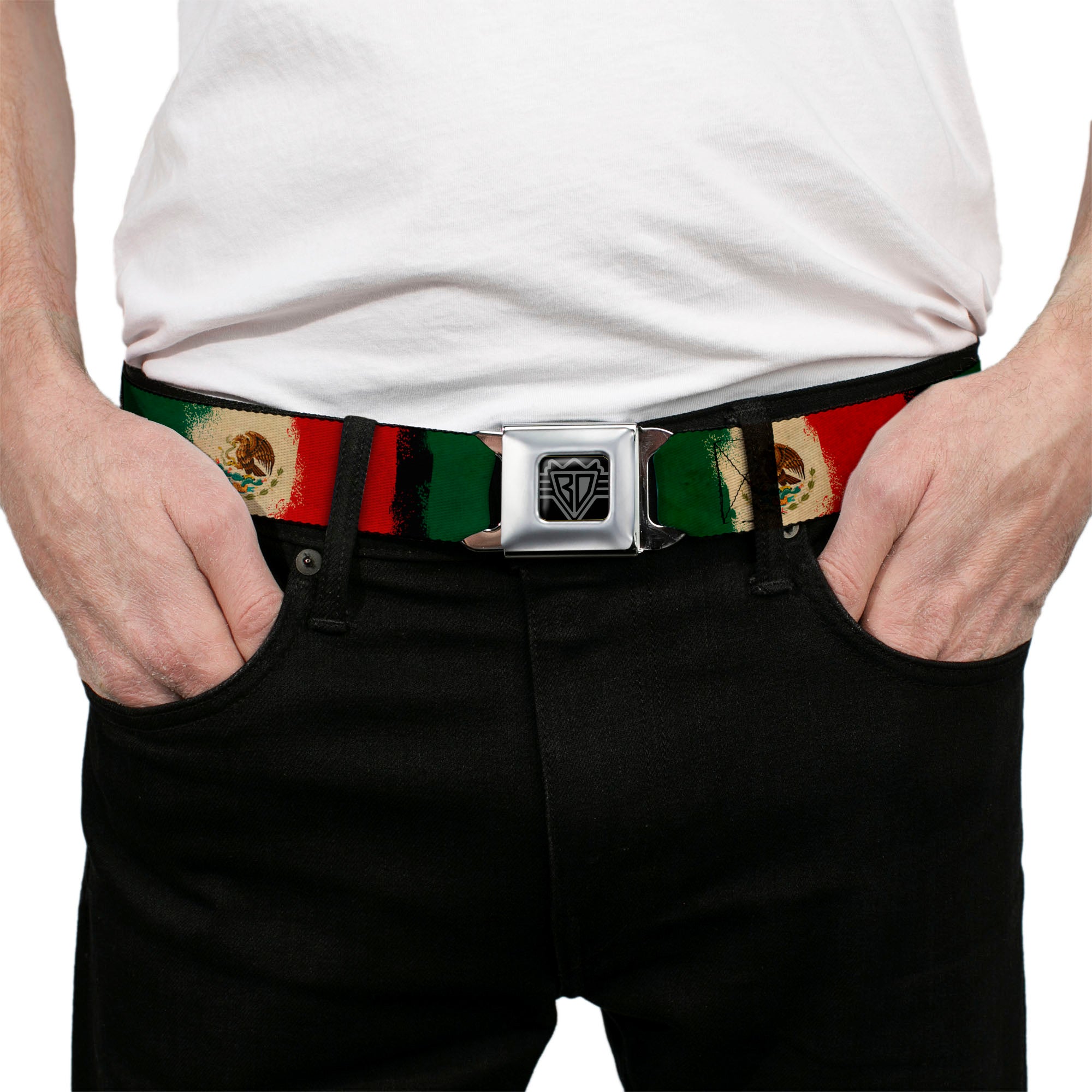 BD Wings Logo CLOSE-UP Full Color Black Silver Seatbelt Belt - Mexico Flag Distressed Painting Webbing Seatbelt Belts Buckle-Down