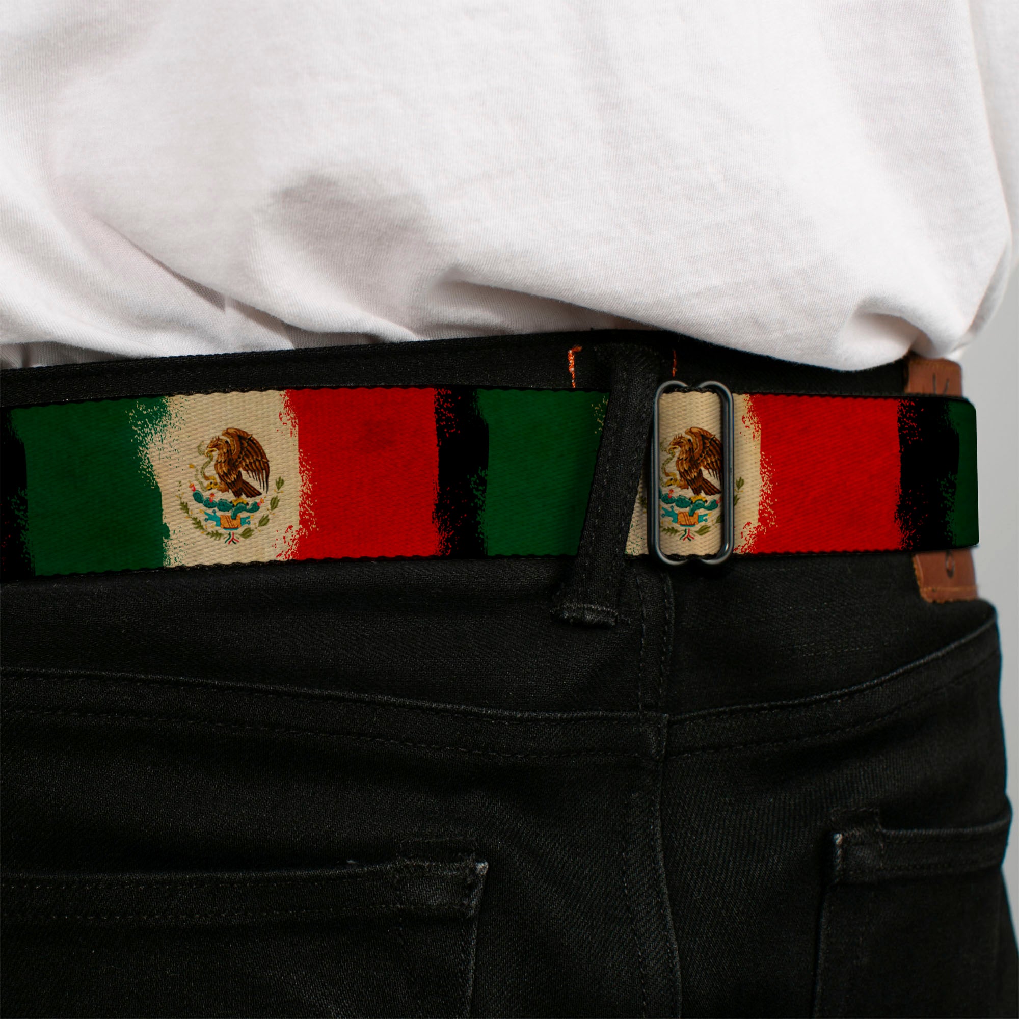 BD Wings Logo CLOSE-UP Full Color Black Silver Seatbelt Belt - Mexico Flag Distressed Painting Webbing Seatbelt Belts Buckle-Down