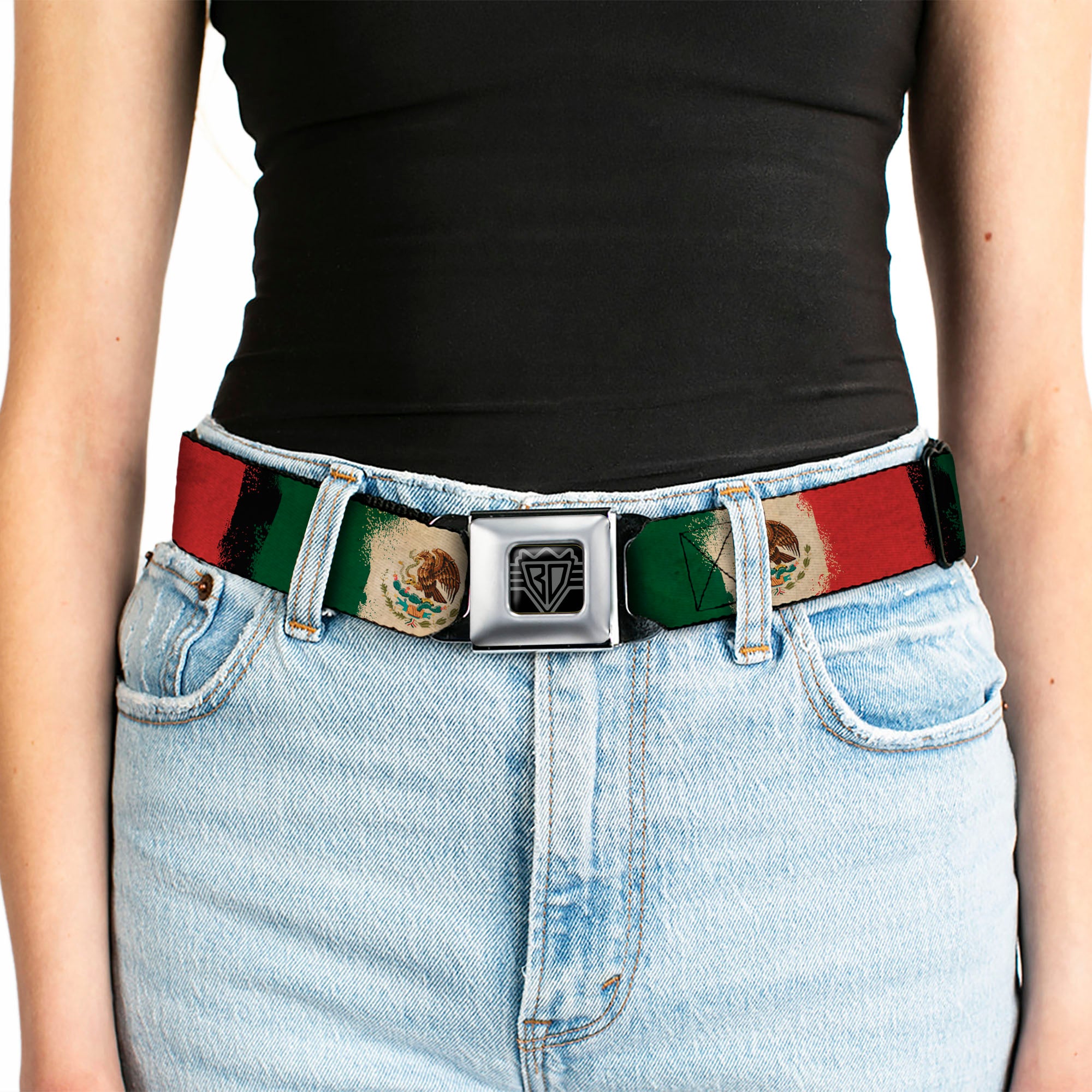 BD Wings Logo CLOSE-UP Full Color Black Silver Seatbelt Belt - Mexico Flag Distressed Painting Webbing Seatbelt Belts Buckle-Down
