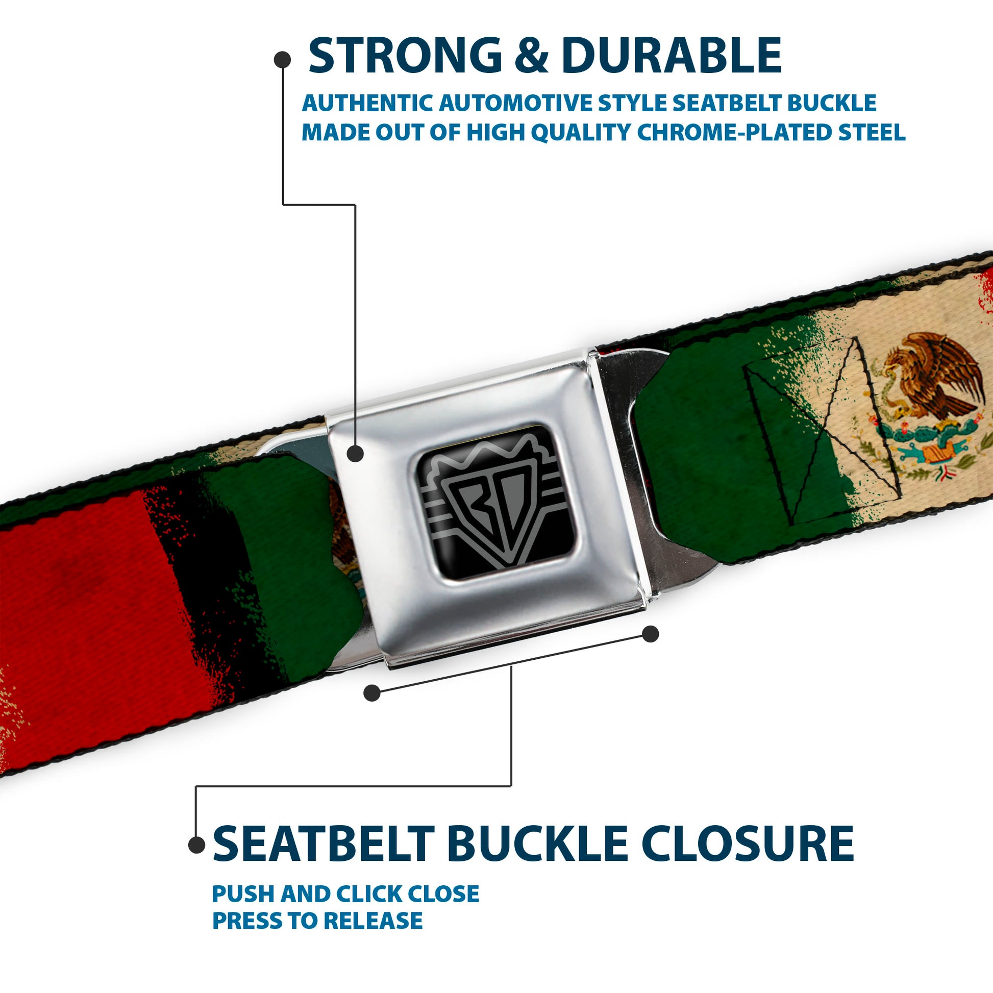 BD Wings Logo CLOSE-UP Full Color Black Silver Seatbelt Belt - Mexico Flag Distressed Painting Webbing Seatbelt Belts Buckle-Down