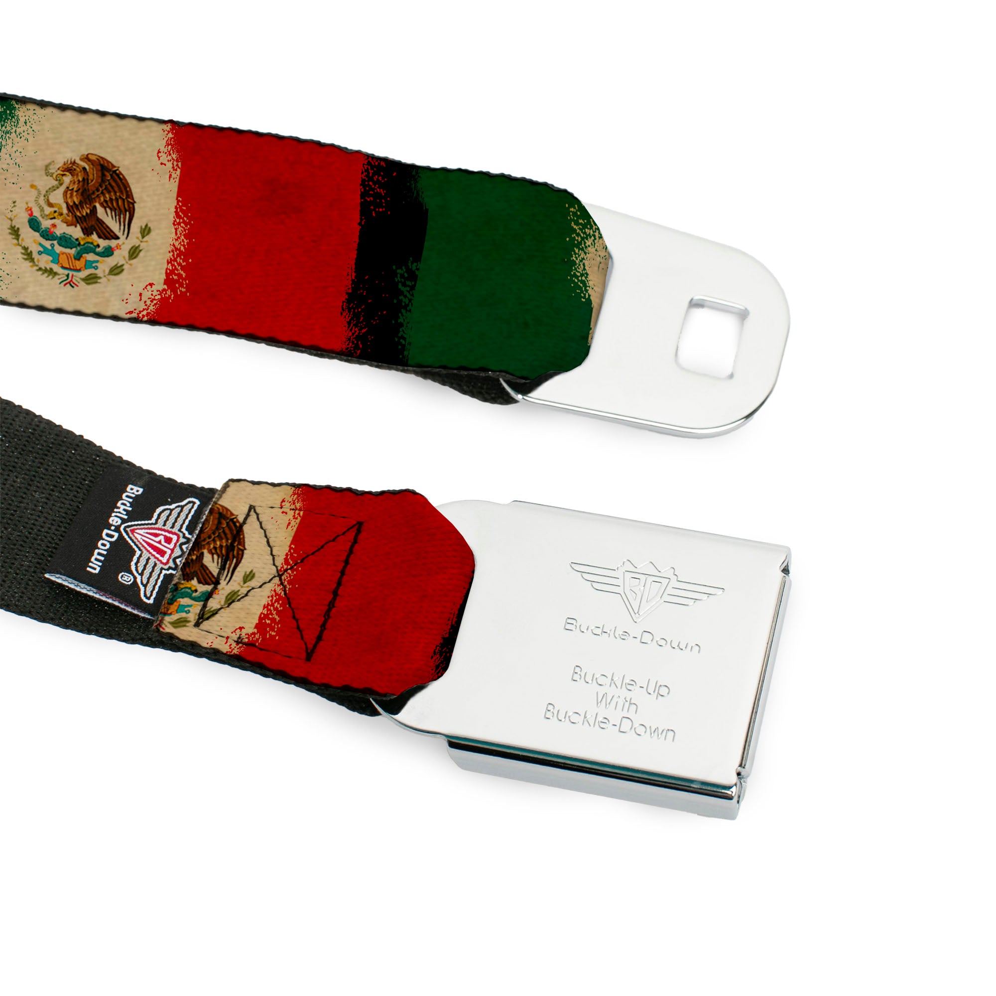 BD Wings Logo CLOSE-UP Full Color Black Silver Seatbelt Belt - Mexico Flag Distressed Painting Webbing Seatbelt Belts Buckle-Down