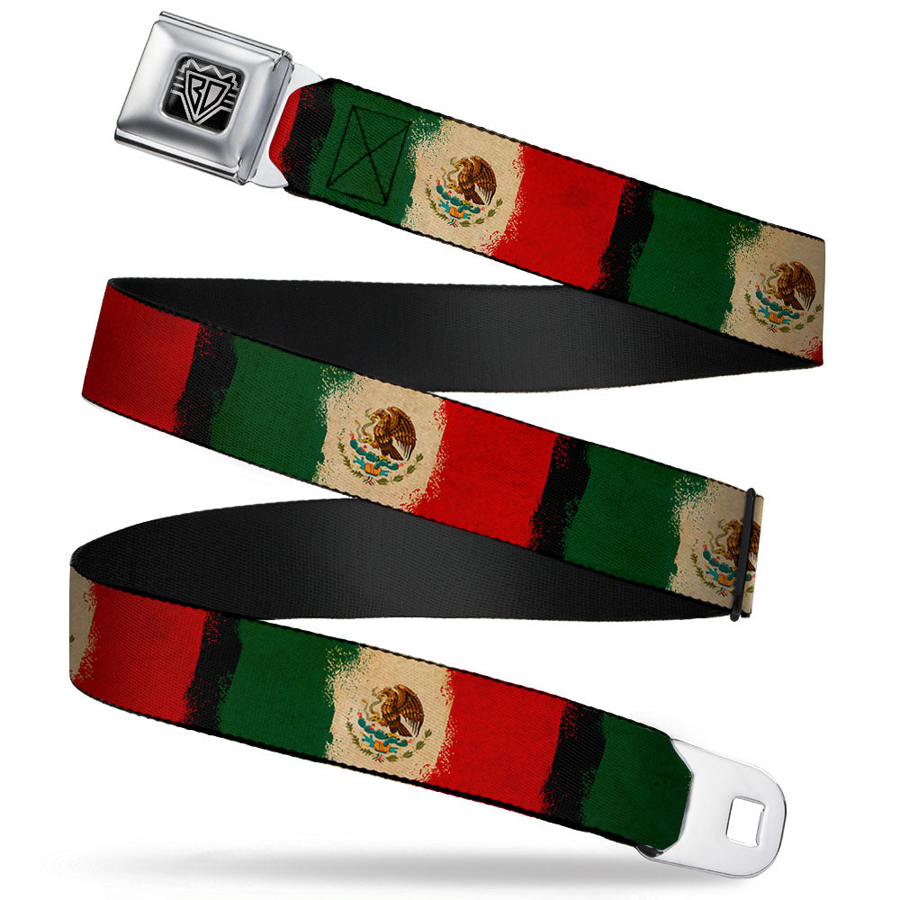 BD Wings Logo CLOSE-UP Full Color Black Silver Seatbelt Belt - Mexico Flag Distressed Painting Webbing Seatbelt Belts Buckle-Down