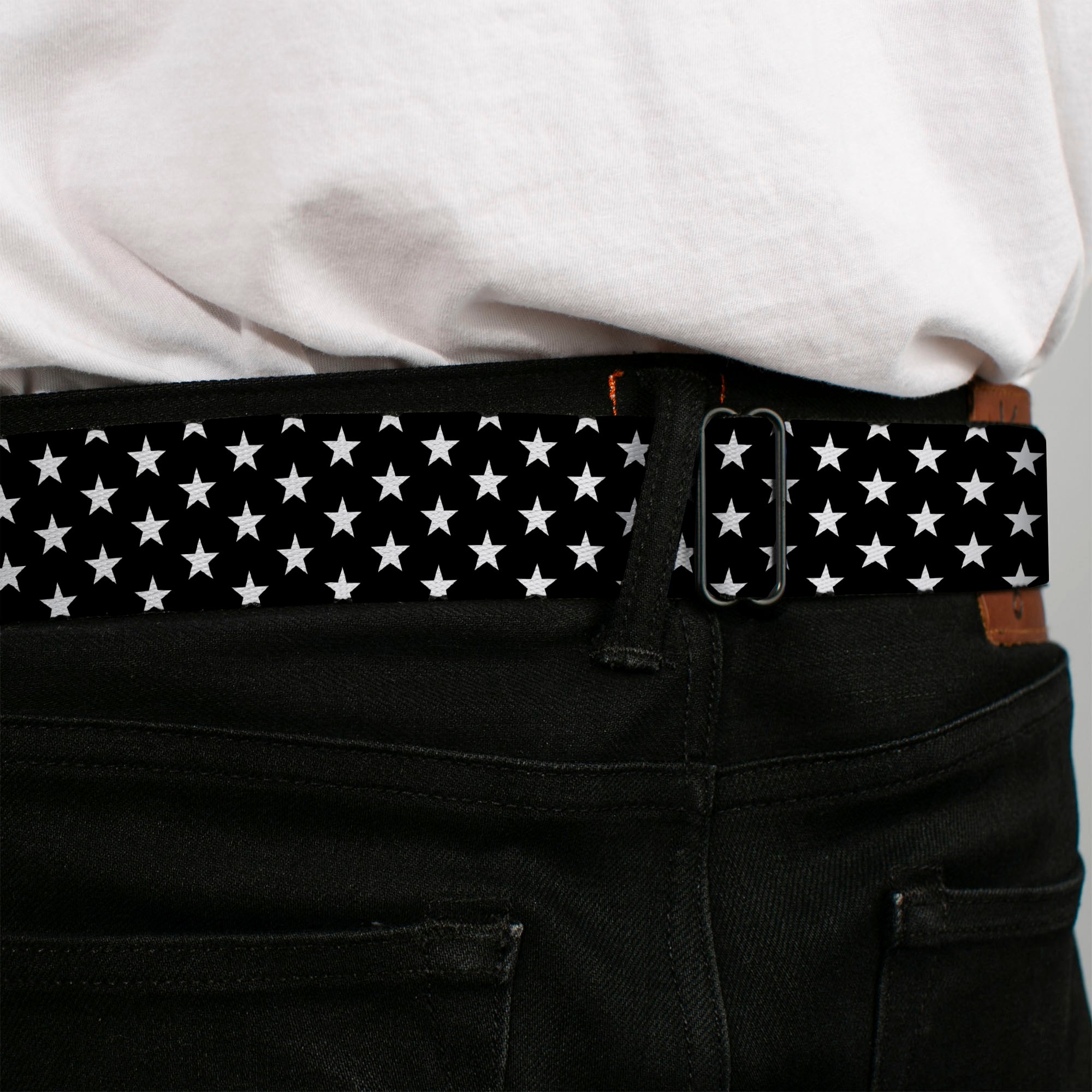 BD Wings Logo CLOSE-UP Full Color Black Silver Seatbelt Belt - Mini Stars3 Black/White Webbing Seatbelt Belts Buckle-Down