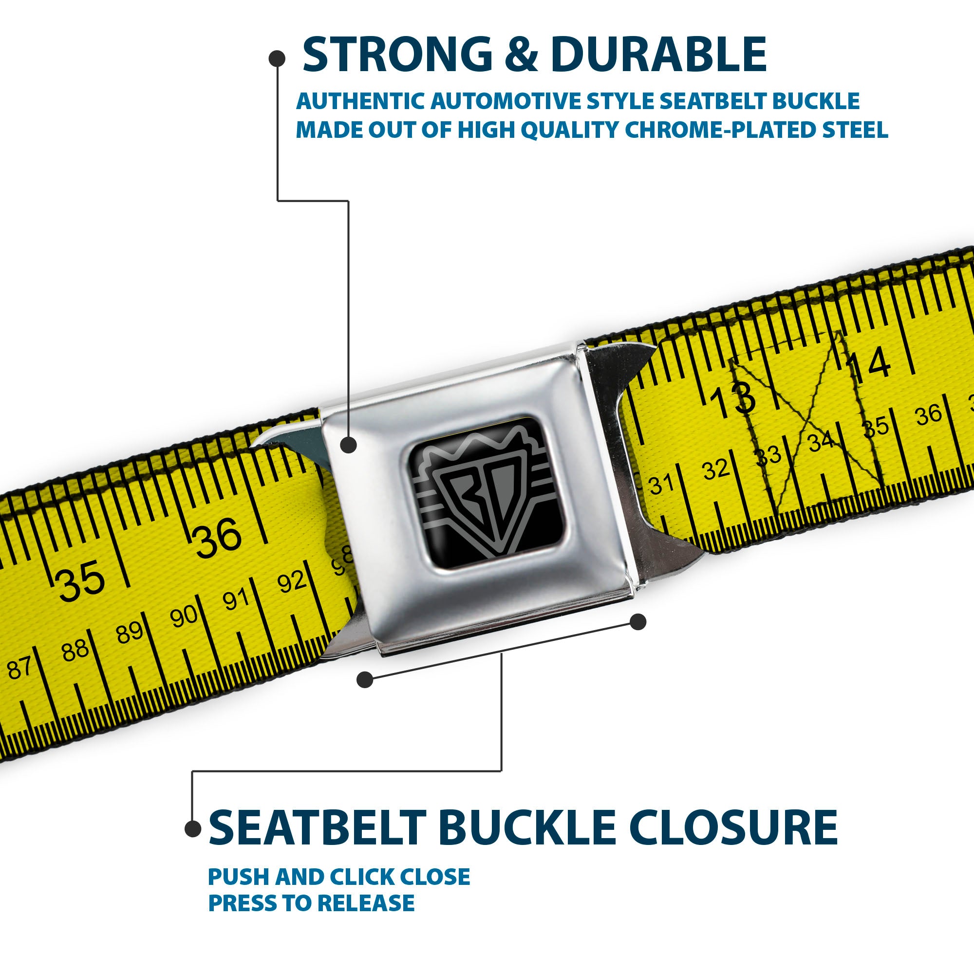 BD Wings Logo CLOSE-UP Full Color Black Silver Seatbelt Belt - Measuring Tape Inches + Centimeters Webbing Seatbelt Belts Buckle-Down