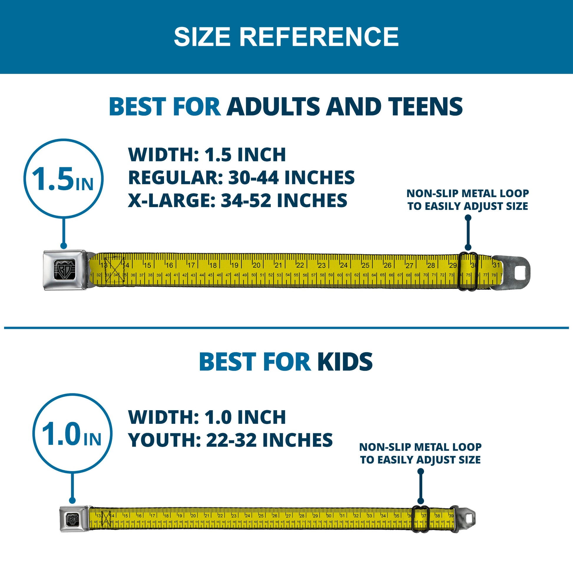 BD Wings Logo CLOSE-UP Full Color Black Silver Seatbelt Belt - Measuring Tape Inches + Centimeters Webbing Seatbelt Belts Buckle-Down