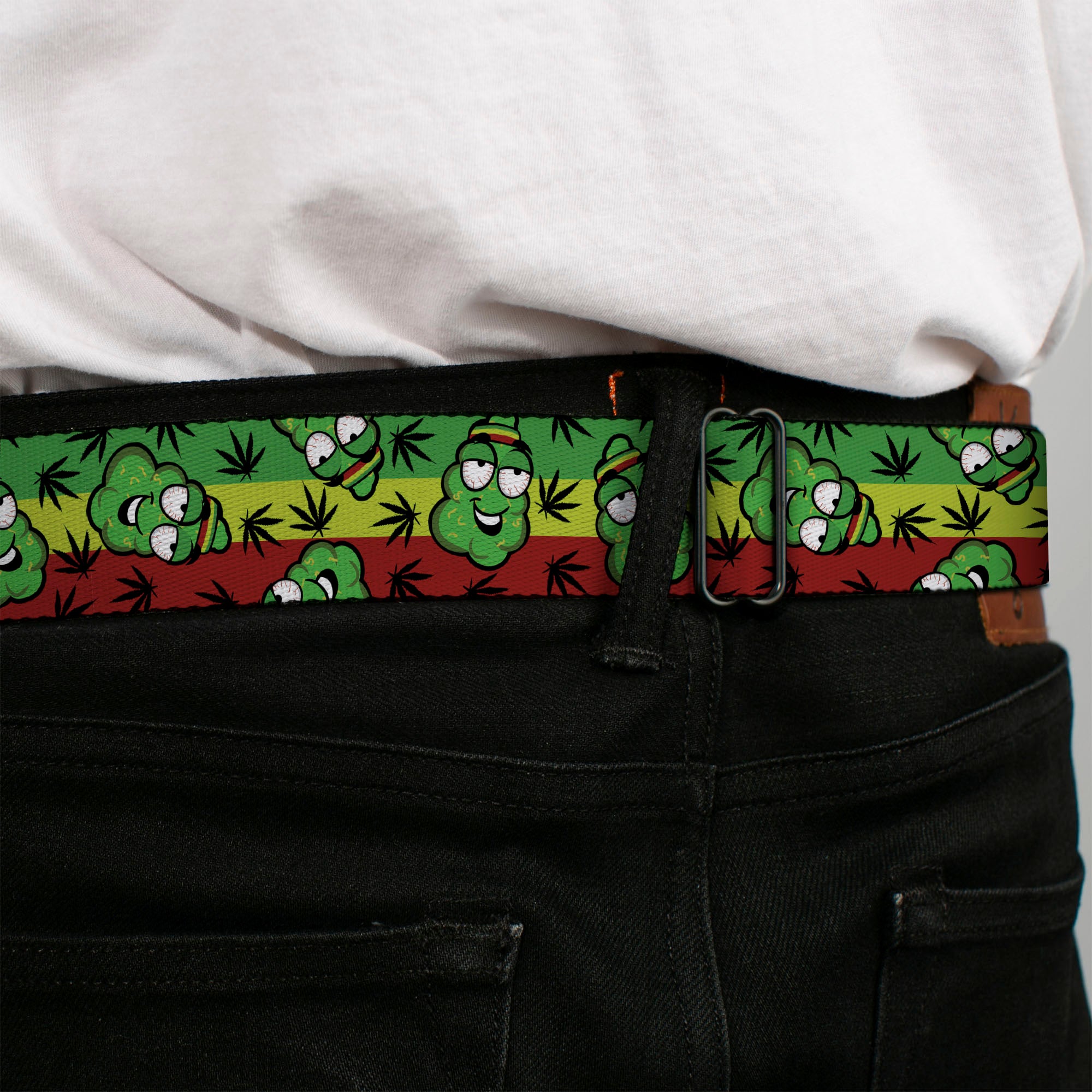 Seatbelt Belt - Marijuana Nugs/Leaves Cartoon Rasta/Black Seatbelt Belts Buckle-Down