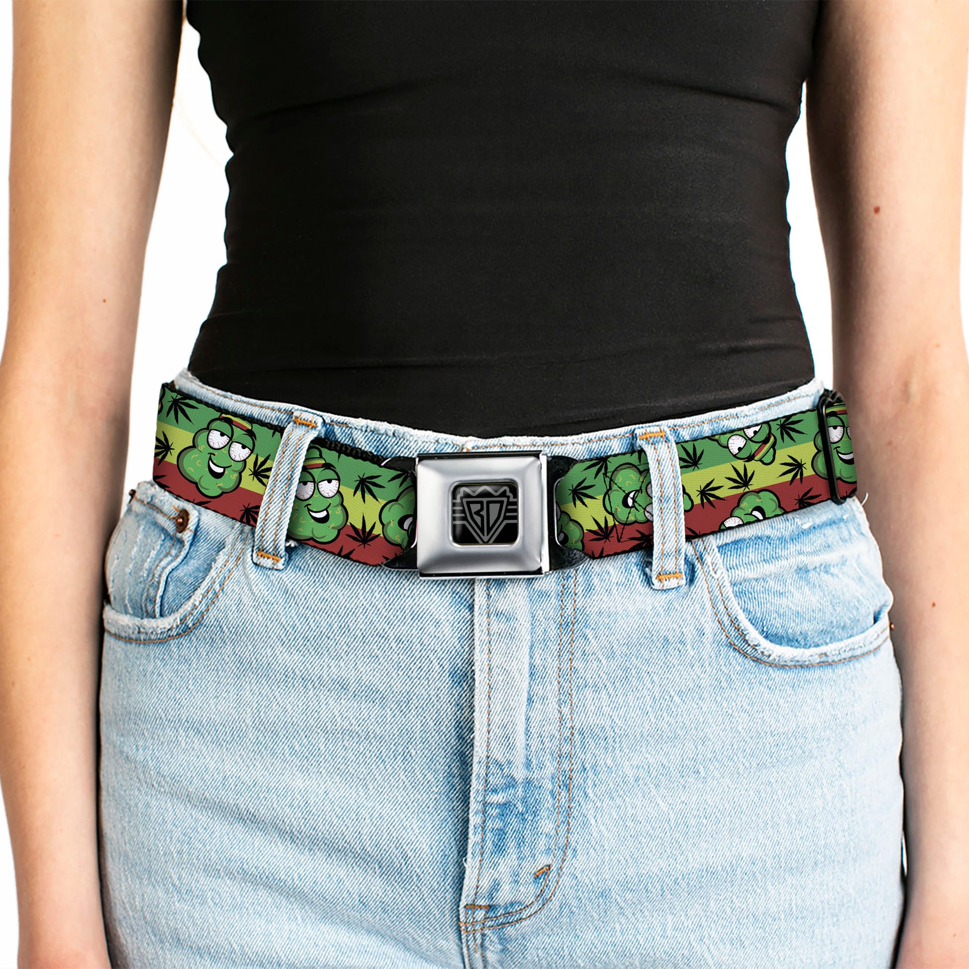 Seatbelt Belt - Marijuana Nugs/Leaves Cartoon Rasta/Black Seatbelt Belts Buckle-Down