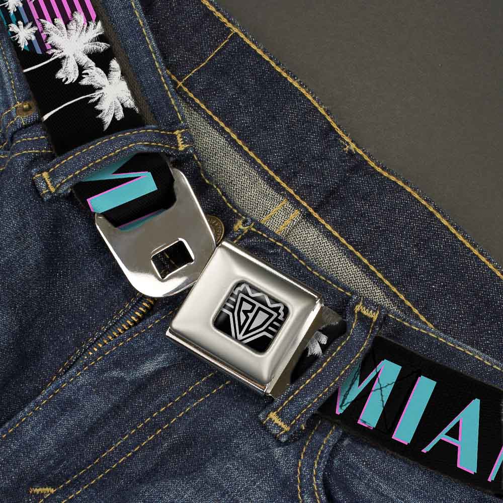 BD Wings Logo CLOSE-UP Full Color Black Silver Seatbelt Belt - MIAMI/Palm Trees Black/White/Pink//Teal Webbing Seatbelt Belts Buckle-Down