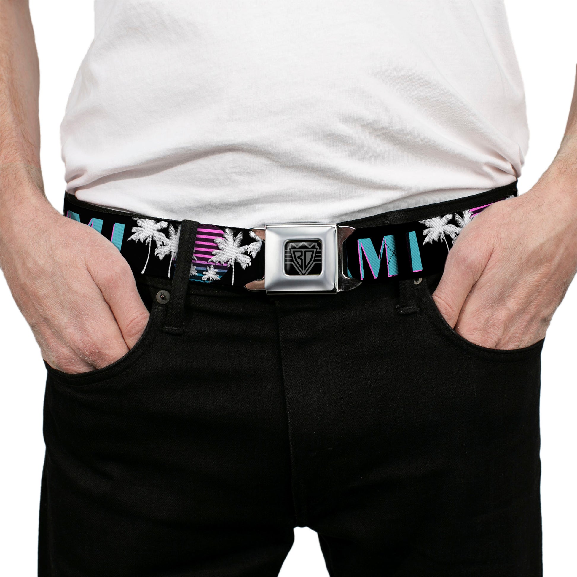 BD Wings Logo CLOSE-UP Full Color Black Silver Seatbelt Belt - MIAMI/Palm Trees Black/White/Pink//Teal Webbing Seatbelt Belts Buckle-Down