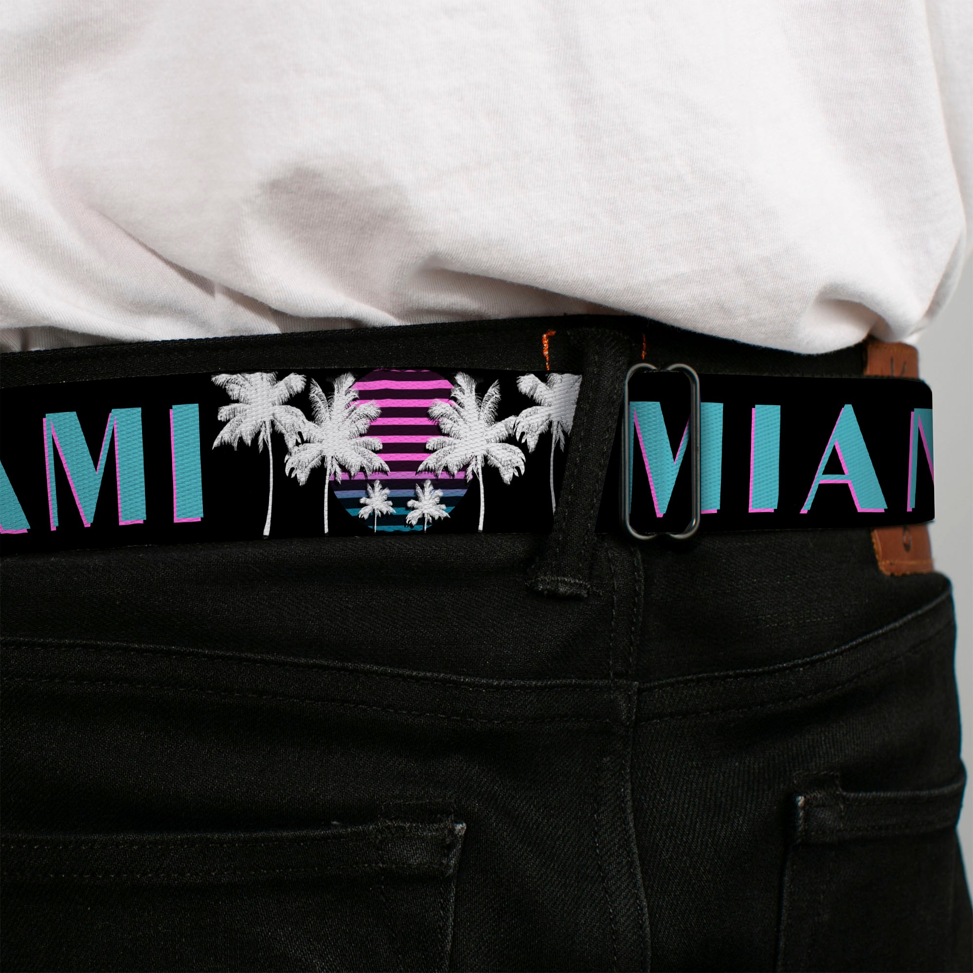 BD Wings Logo CLOSE-UP Full Color Black Silver Seatbelt Belt - MIAMI/Palm Trees Black/White/Pink//Teal Webbing Seatbelt Belts Buckle-Down