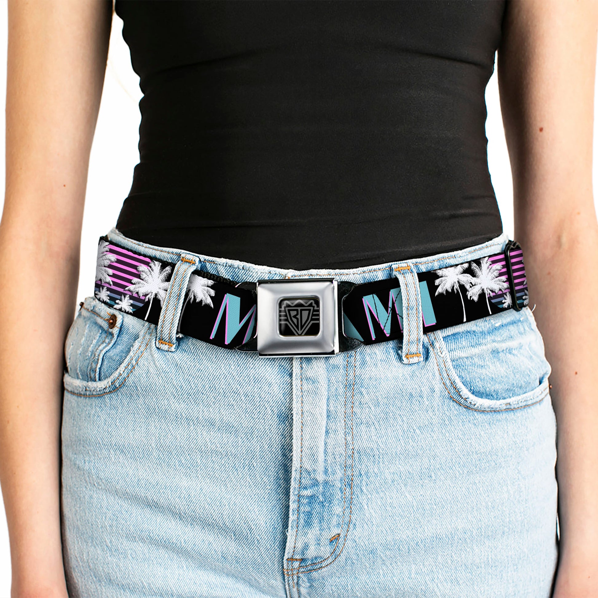 BD Wings Logo CLOSE-UP Full Color Black Silver Seatbelt Belt - MIAMI/Palm Trees Black/White/Pink//Teal Webbing Seatbelt Belts Buckle-Down