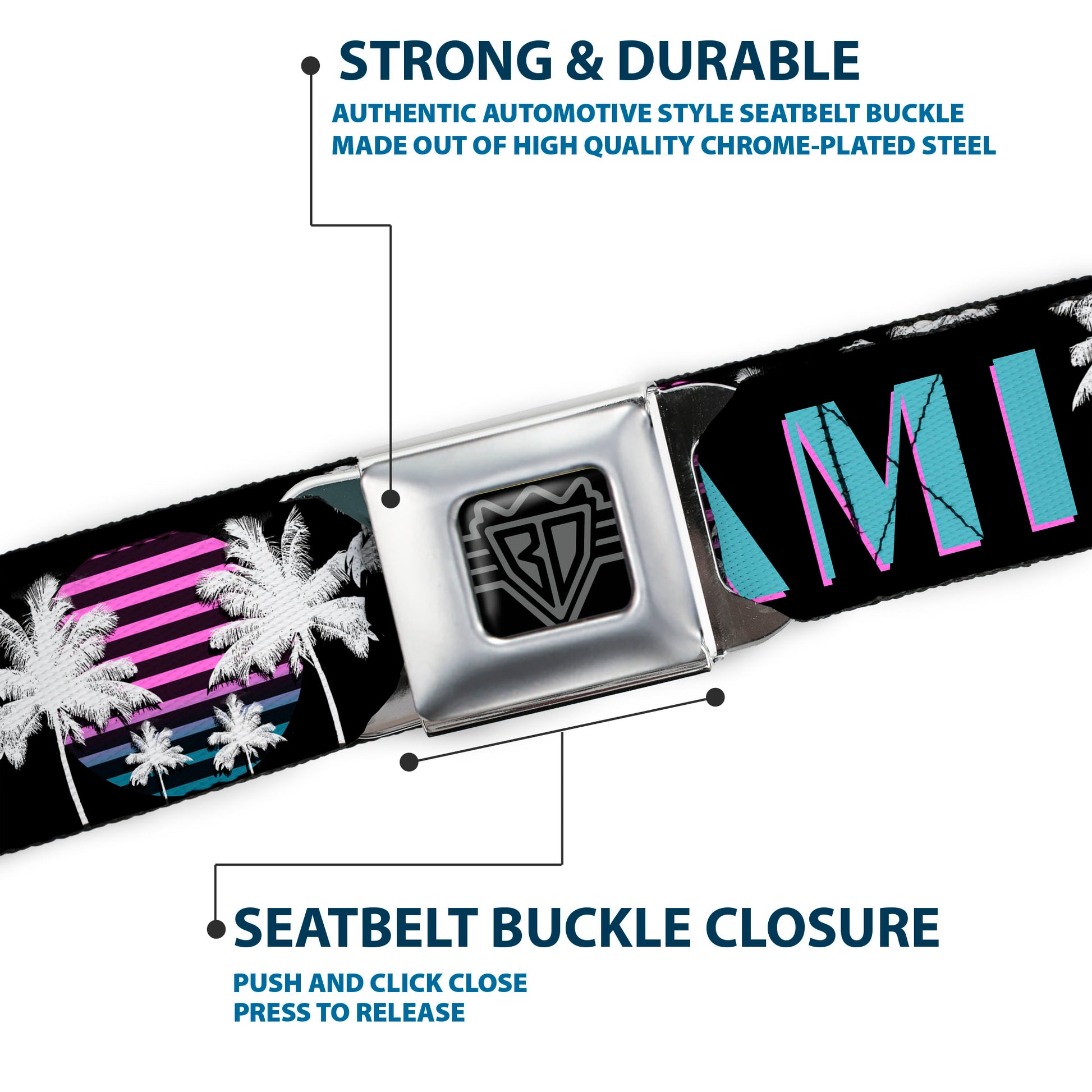 BD Wings Logo CLOSE-UP Full Color Black Silver Seatbelt Belt - MIAMI/Palm Trees Black/White/Pink//Teal Webbing Seatbelt Belts Buckle-Down