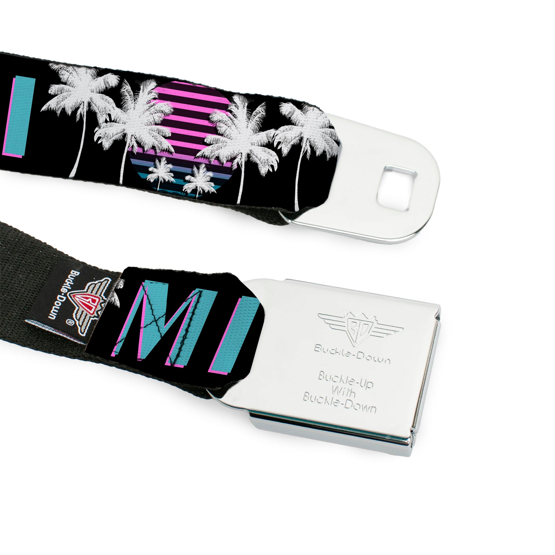 BD Wings Logo CLOSE-UP Full Color Black Silver Seatbelt Belt - MIAMI/Palm Trees Black/White/Pink//Teal Webbing Seatbelt Belts Buckle-Down