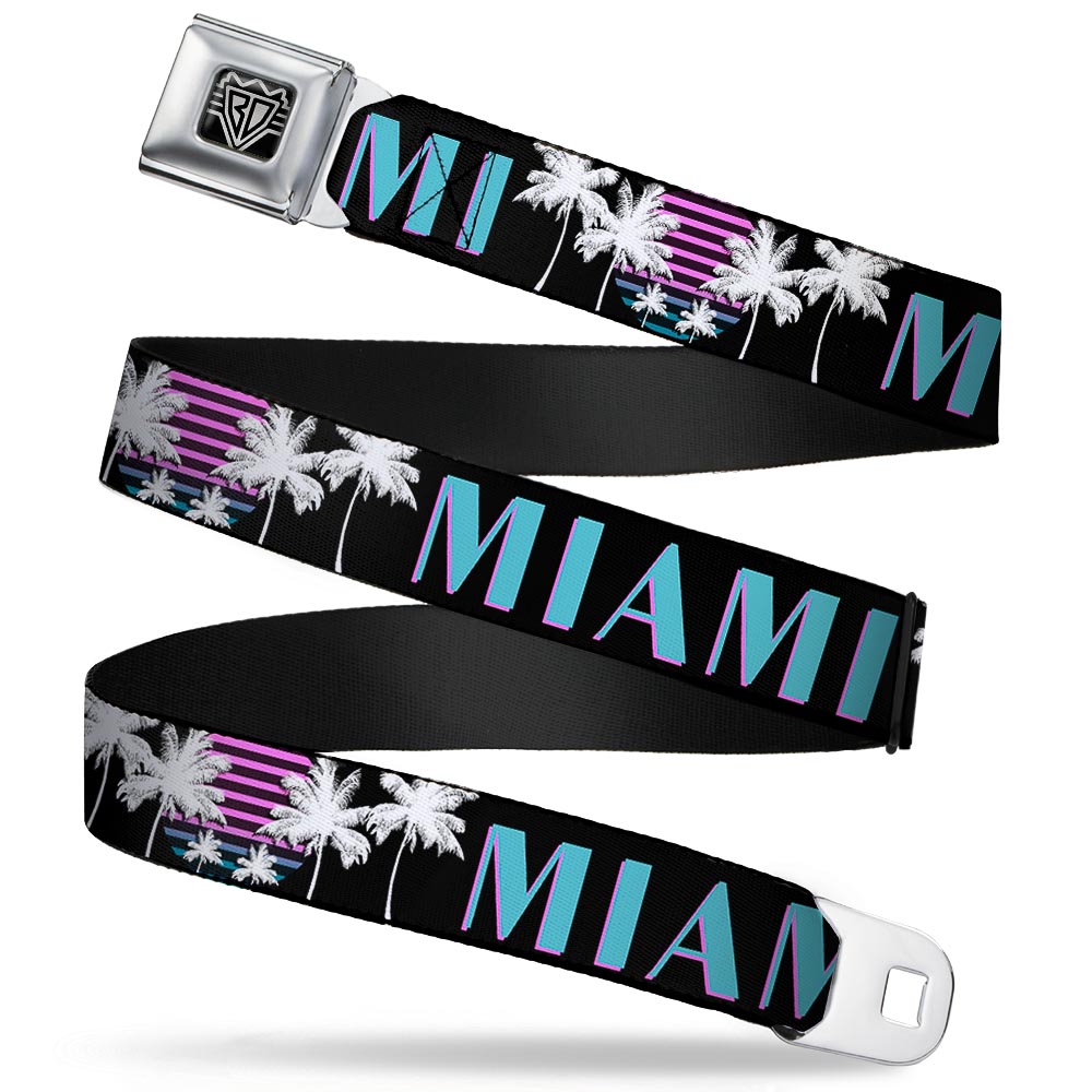 BD Wings Logo CLOSE-UP Full Color Black Silver Seatbelt Belt - MIAMI/Palm Trees Black/White/Pink//Teal Webbing Seatbelt Belts Buckle-Down