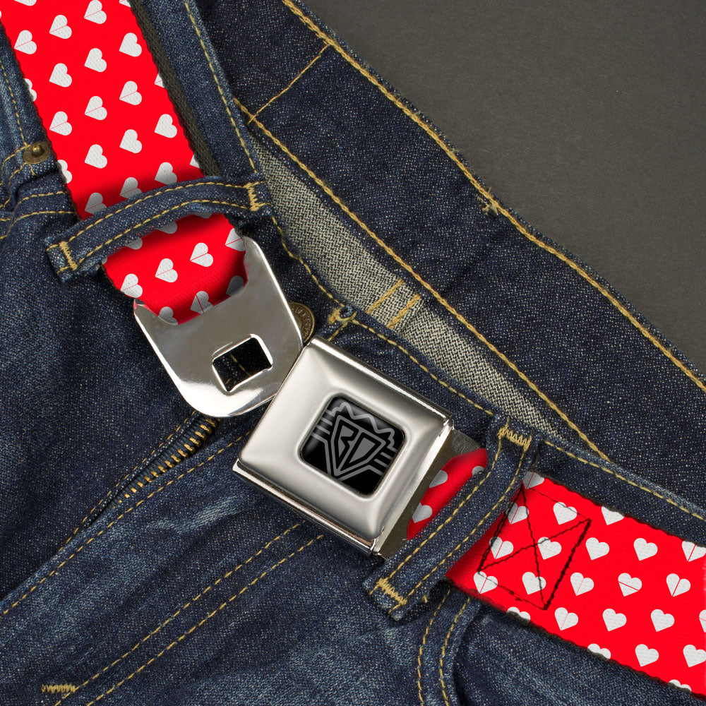BD Wings Logo CLOSE-UP Black/Silver Seatbelt Belt - Mini Hearts Monogram Red/White Webbing Seatbelt Belts Buckle-Down