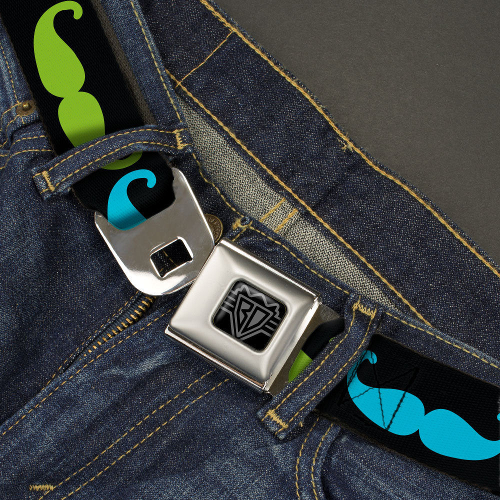 BD Wings Logo CLOSE-UP Black/Silver Seatbelt Belt - Mustaches-4 Black/Multi Color Webbing Seatbelt Belts Buckle-Down