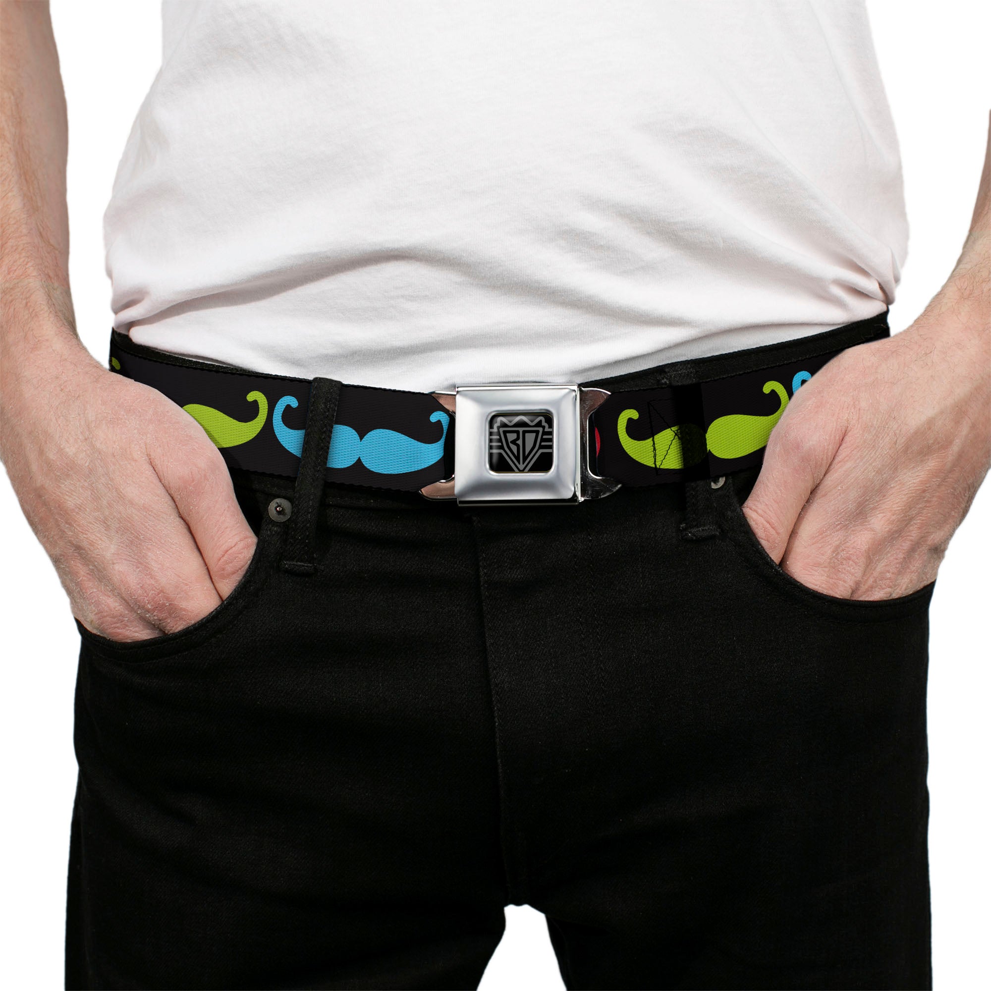 BD Wings Logo CLOSE-UP Black/Silver Seatbelt Belt - Mustaches-4 Black/Multi Color Webbing Seatbelt Belts Buckle-Down
