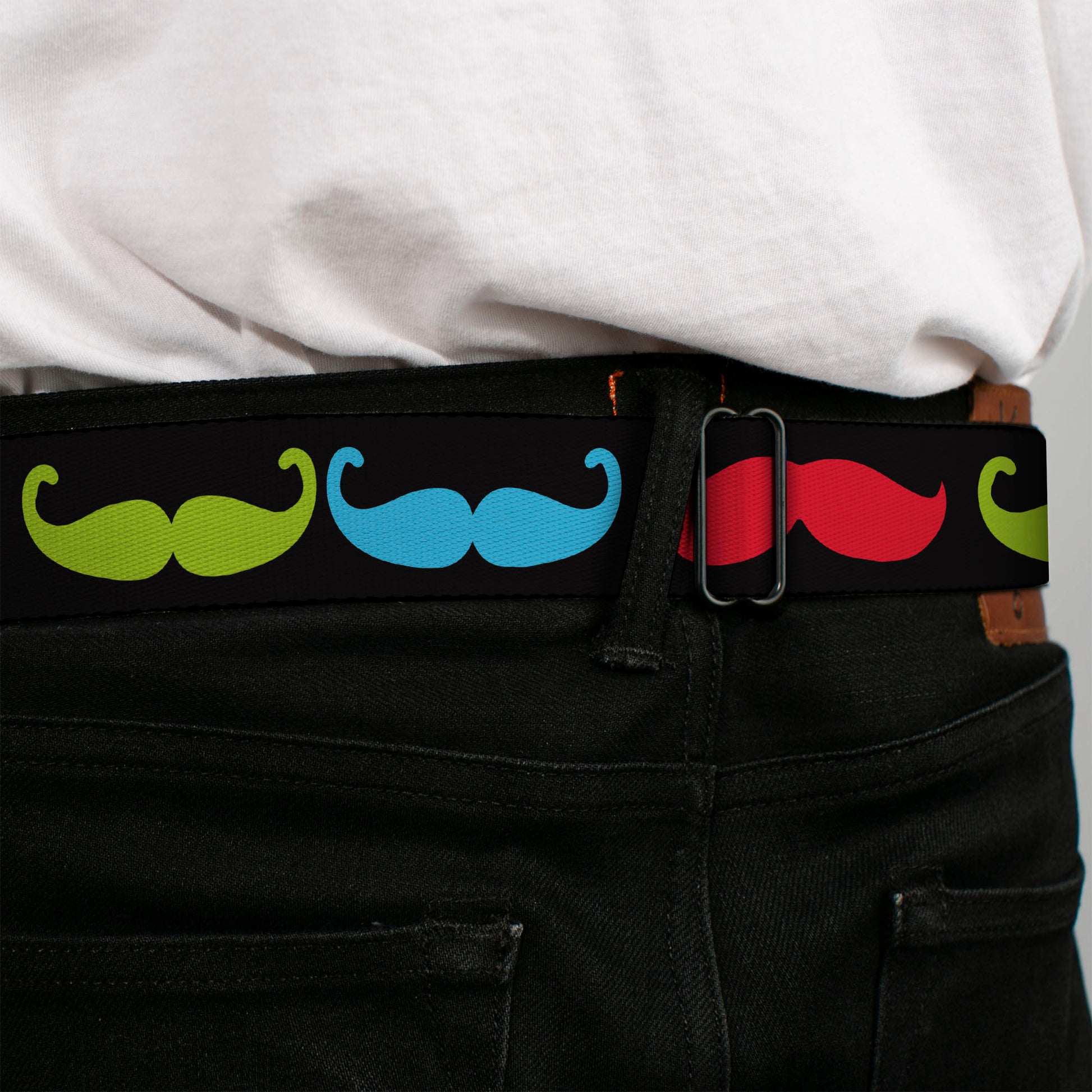 BD Wings Logo CLOSE-UP Black/Silver Seatbelt Belt - Mustaches-4 Black/Multi Color Webbing Seatbelt Belts Buckle-Down