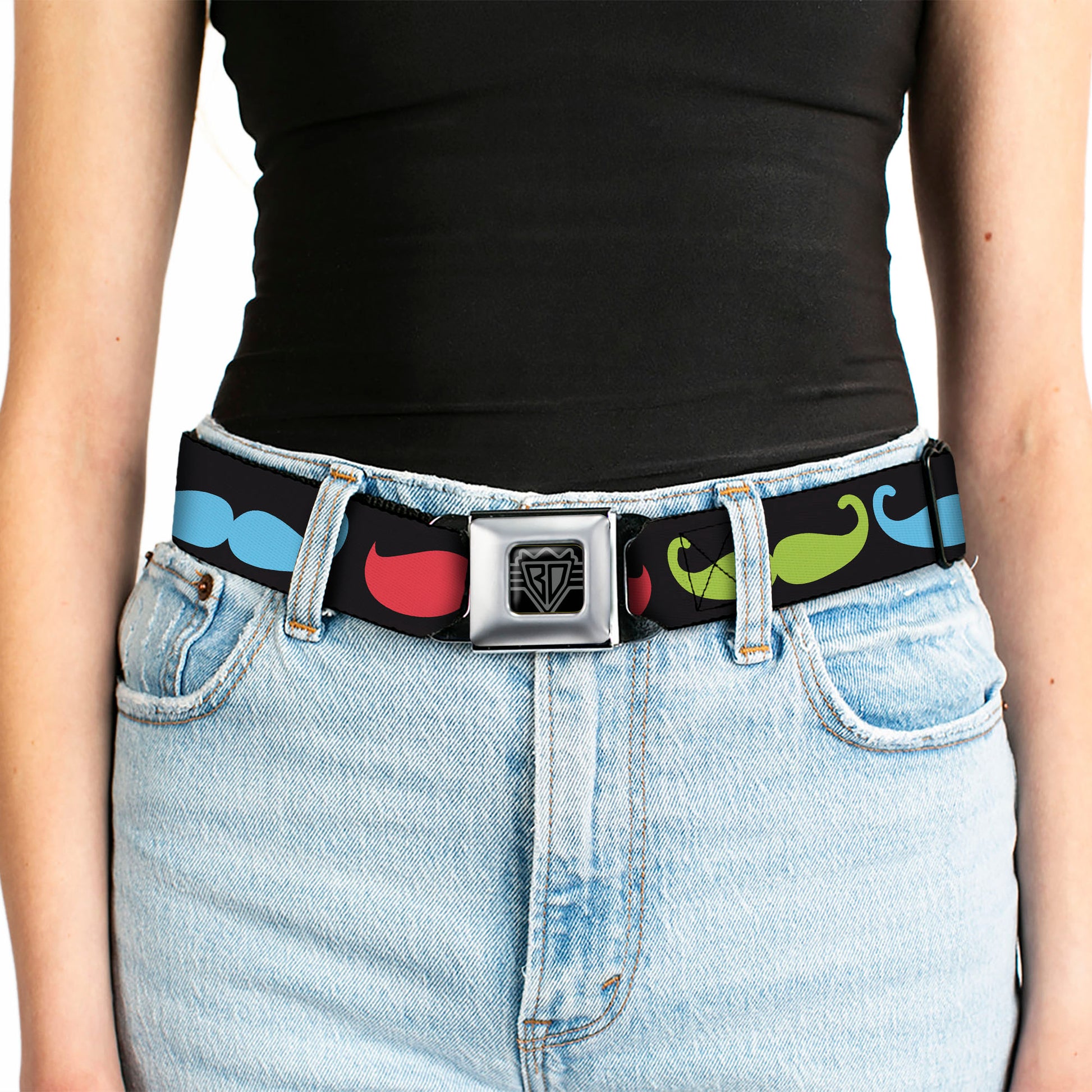BD Wings Logo CLOSE-UP Black/Silver Seatbelt Belt - Mustaches-4 Black/Multi Color Webbing Seatbelt Belts Buckle-Down