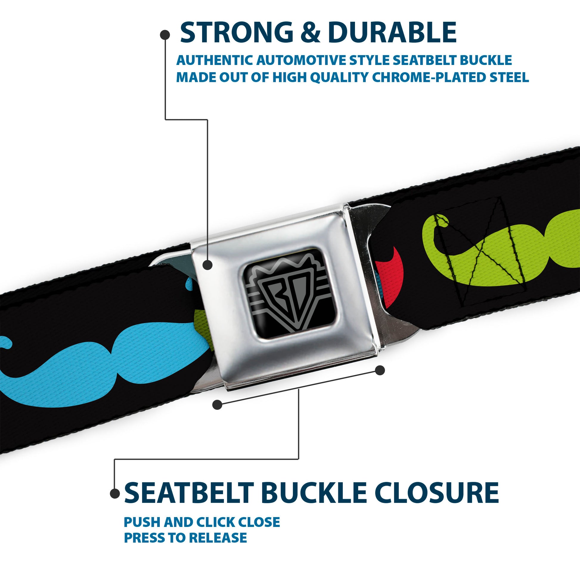 BD Wings Logo CLOSE-UP Black/Silver Seatbelt Belt - Mustaches-4 Black/Multi Color Webbing Seatbelt Belts Buckle-Down