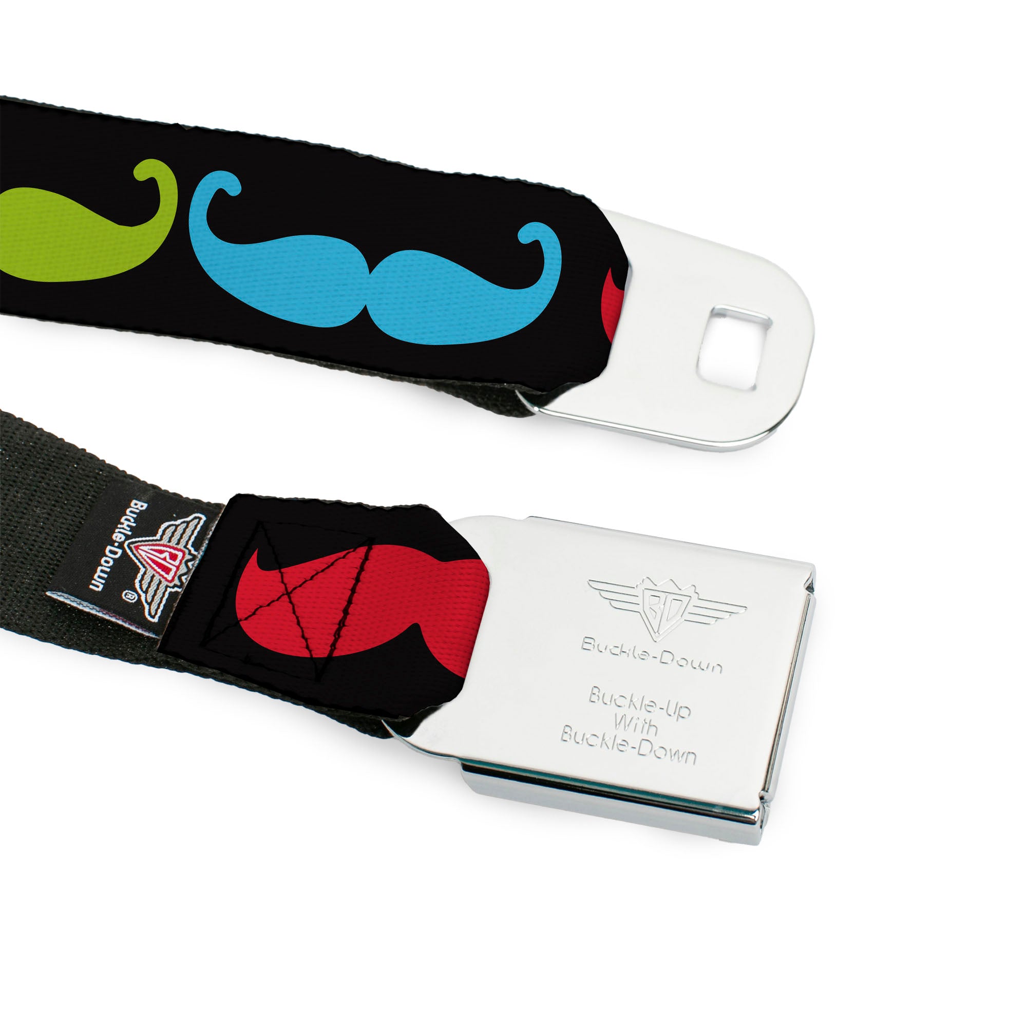 BD Wings Logo CLOSE-UP Black/Silver Seatbelt Belt - Mustaches-4 Black/Multi Color Webbing Seatbelt Belts Buckle-Down