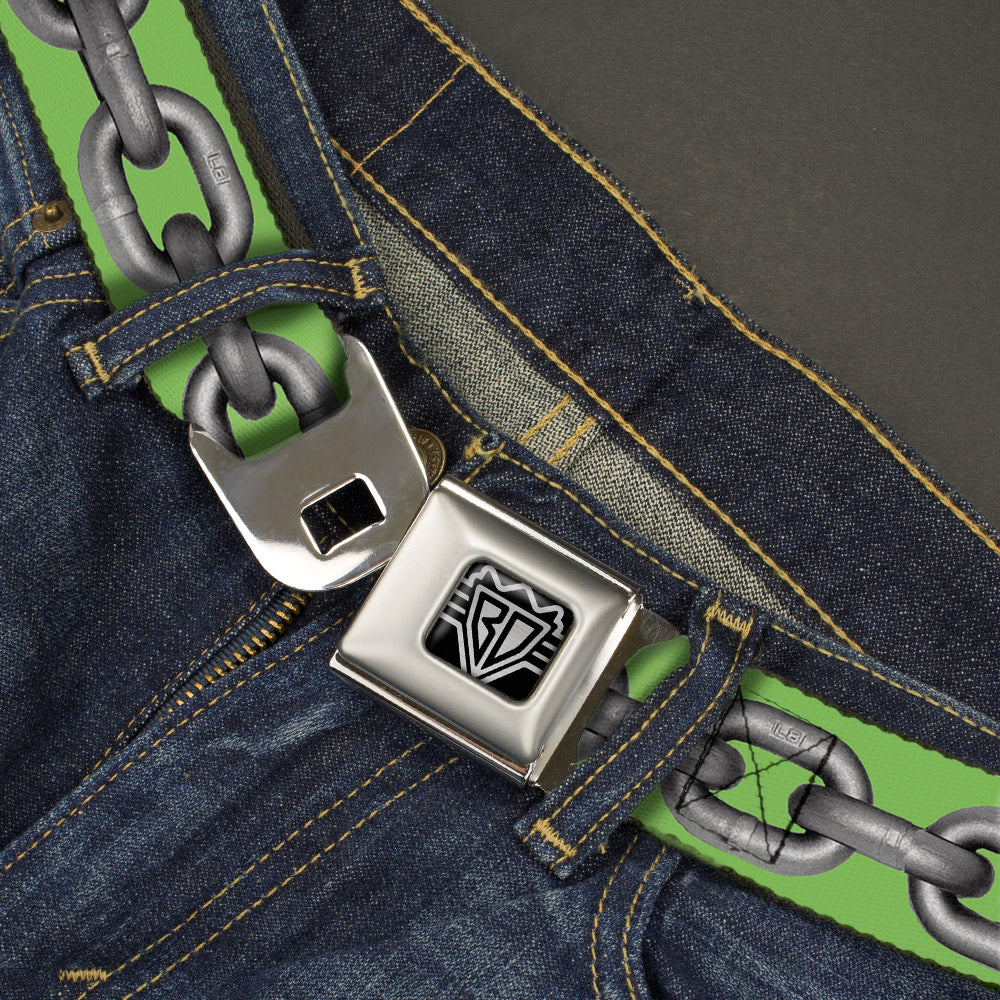 BD Wings Logo CLOSE-UP Full Color Black Silver Seatbelt Belt - Metal Chain Green/Gray Webbing Seatbelt Belts Buckle-Down