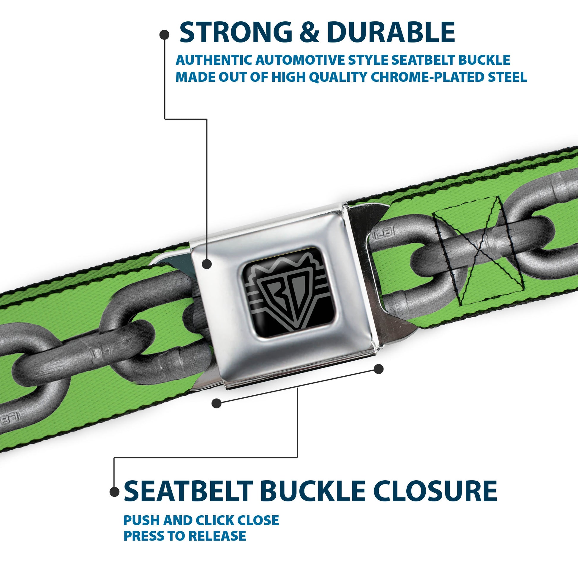 BD Wings Logo CLOSE-UP Full Color Black Silver Seatbelt Belt - Metal Chain Green/Gray Webbing Seatbelt Belts Buckle-Down