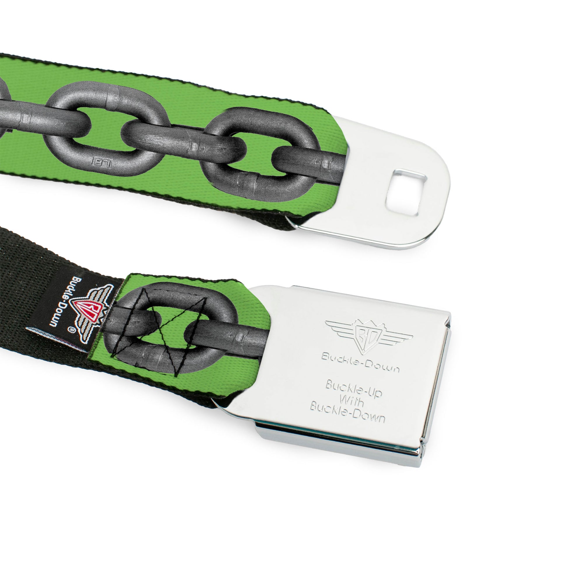 BD Wings Logo CLOSE-UP Full Color Black Silver Seatbelt Belt - Metal Chain Green/Gray Webbing Seatbelt Belts Buckle-Down
