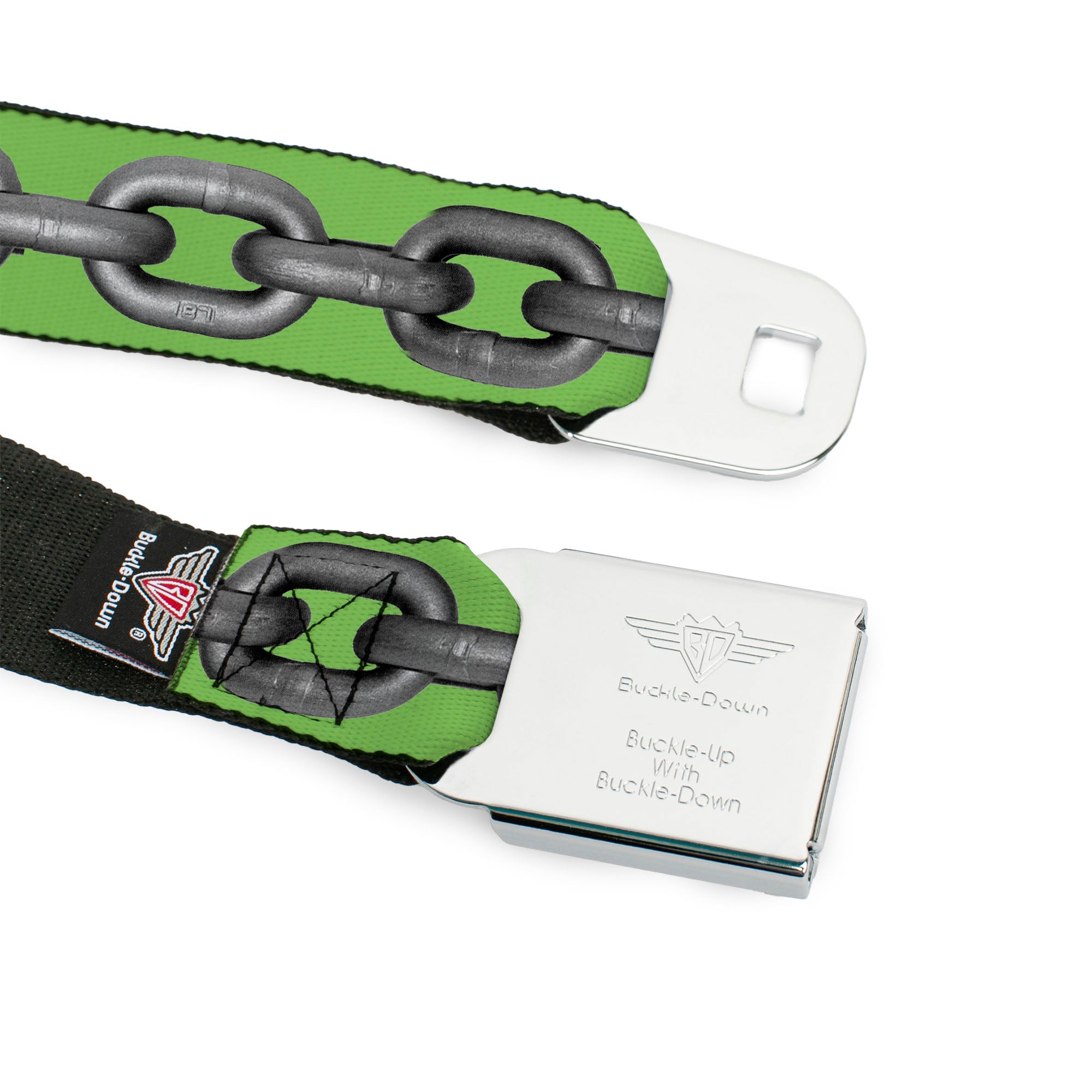 BD Wings Logo CLOSE-UP Full Color Black Silver Seatbelt Belt - Metal Chain Green/Gray Webbing Seatbelt Belts Buckle-Down