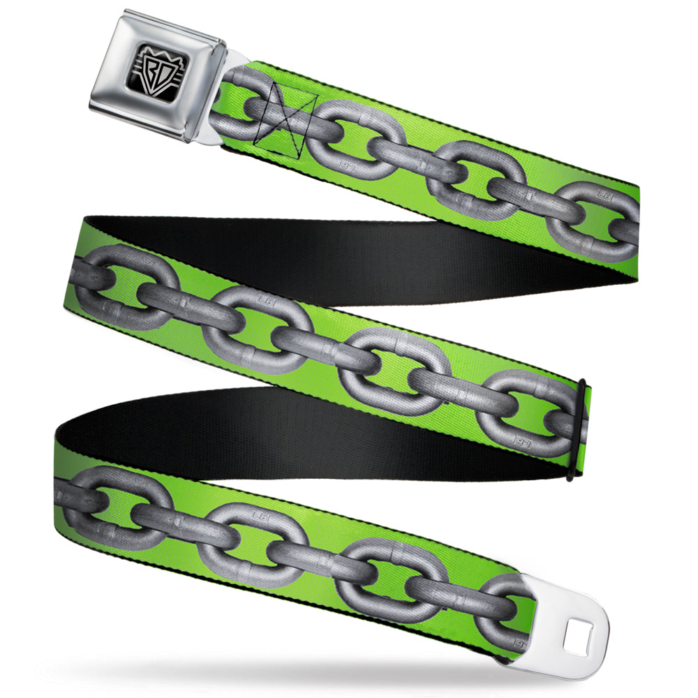 BD Wings Logo CLOSE-UP Full Color Black Silver Seatbelt Belt - Metal Chain Green/Gray Webbing Seatbelt Belts Buckle-Down