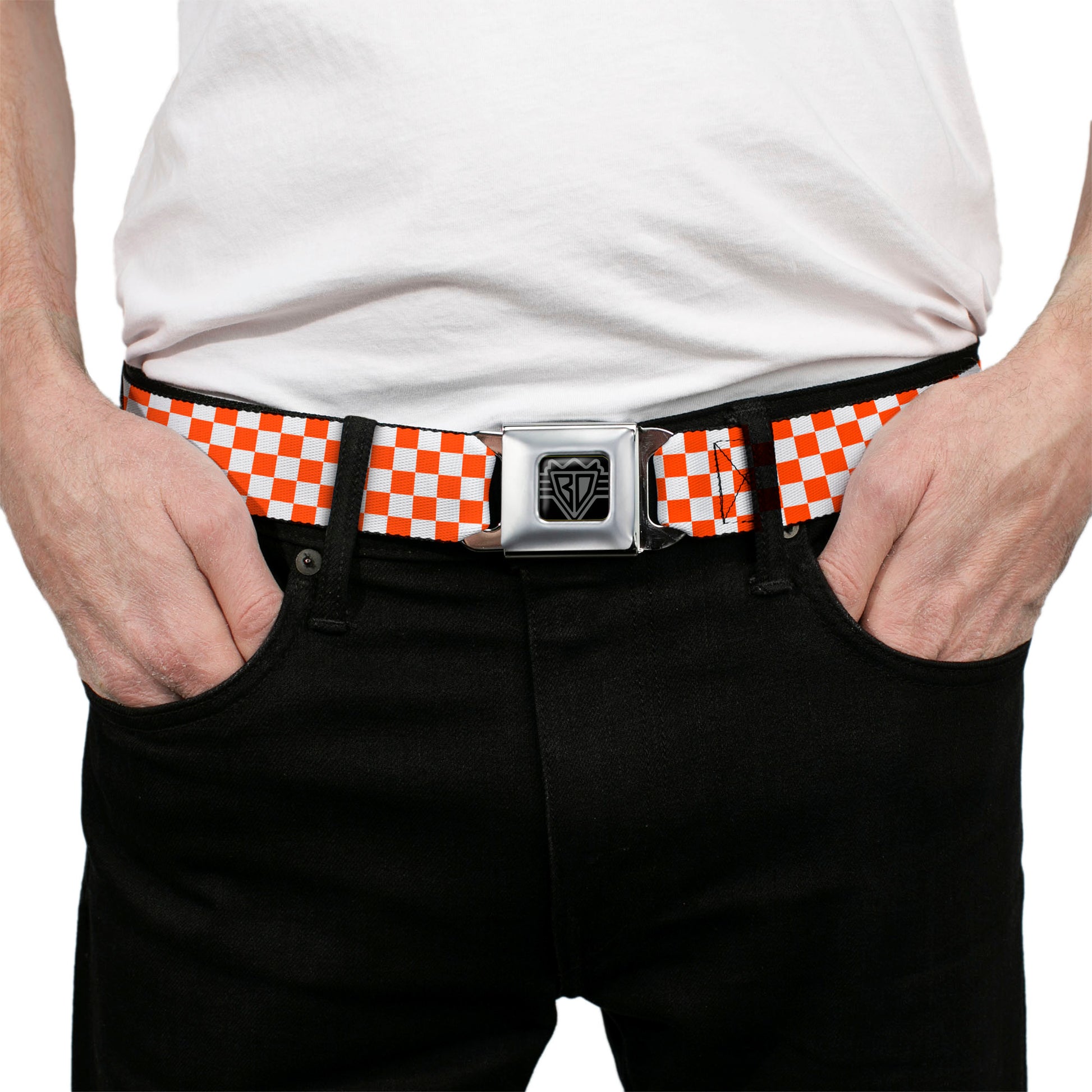 BD Wings Logo CLOSE-UP Black/Silver Seatbelt Belt - Mini Checker Orange/White Webbing Seatbelt Belts Buckle-Down