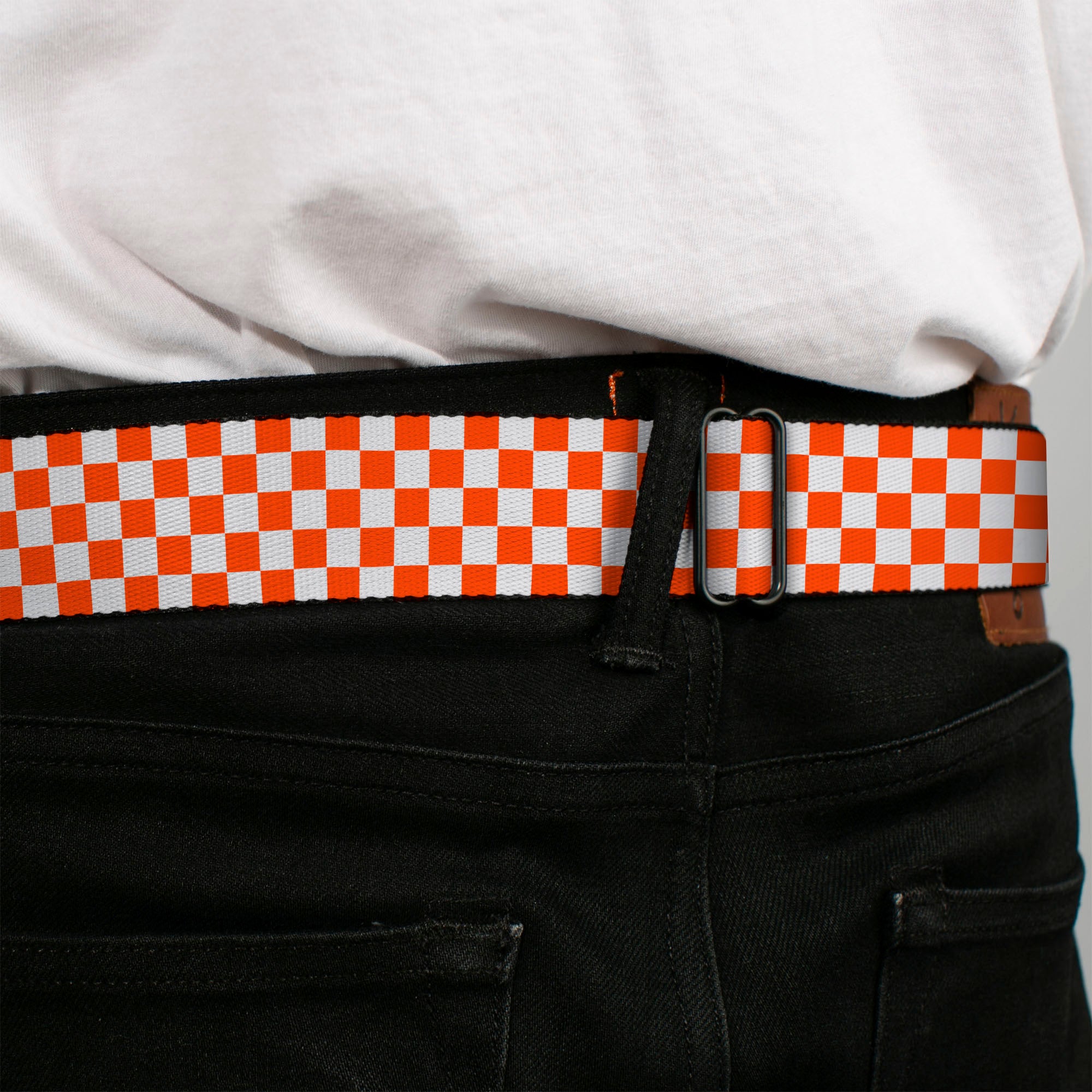 BD Wings Logo CLOSE-UP Black/Silver Seatbelt Belt - Mini Checker Orange/White Webbing Seatbelt Belts Buckle-Down