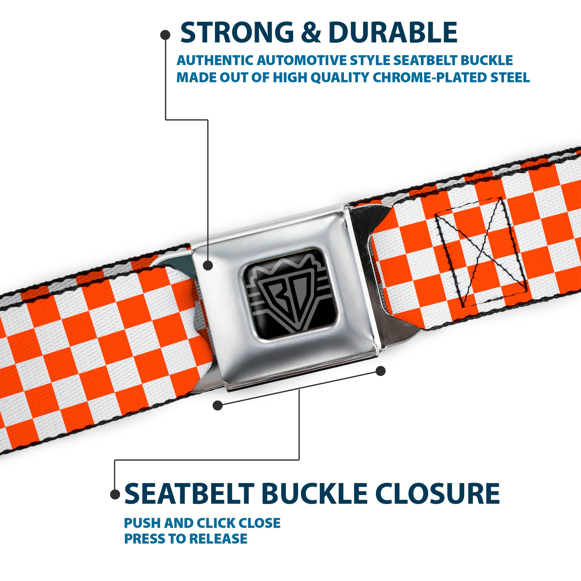 BD Wings Logo CLOSE-UP Black/Silver Seatbelt Belt - Mini Checker Orange/White Webbing Seatbelt Belts Buckle-Down