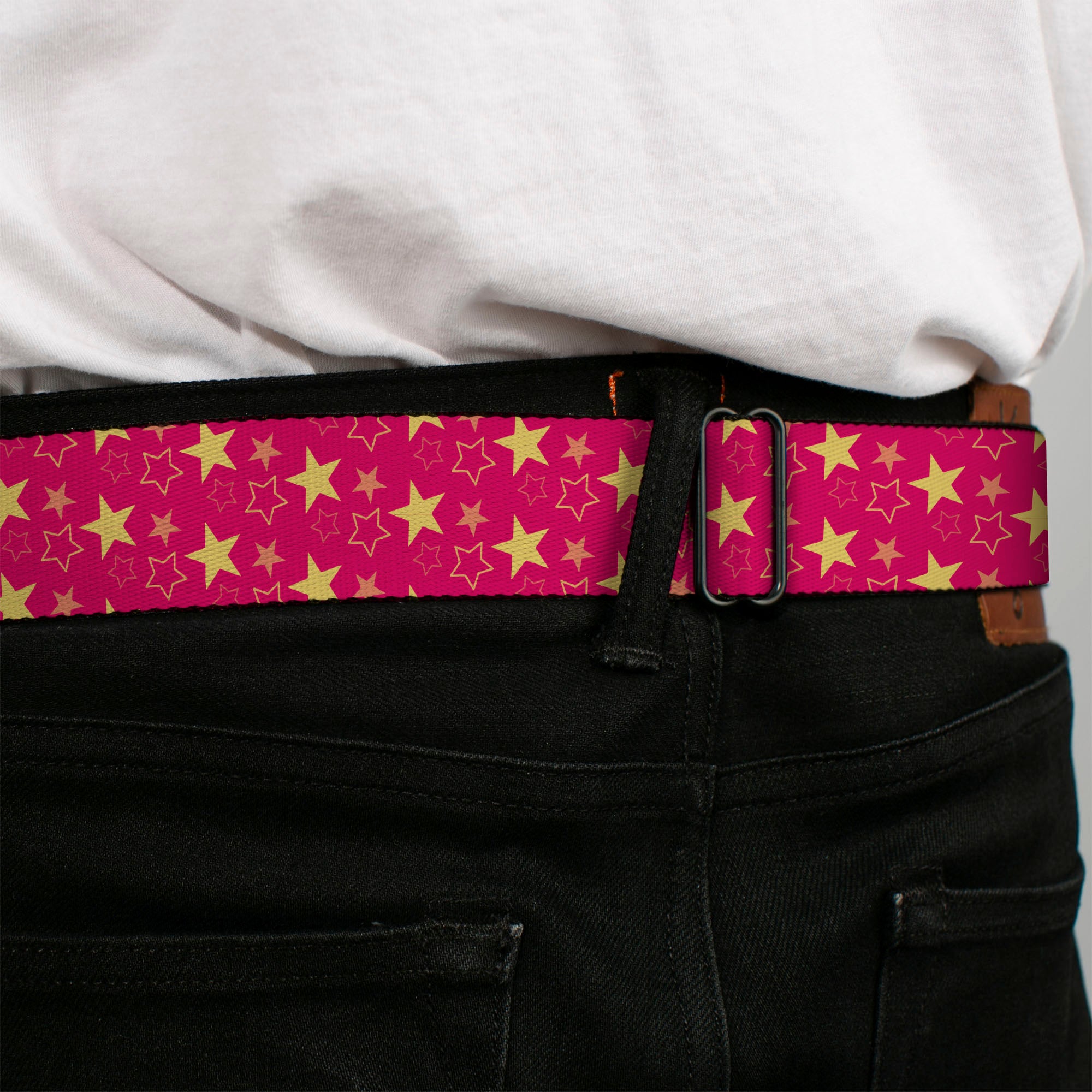 BD Wings Logo CLOSE-UP Black/Silver Seatbelt Belt - Mini Star Assortment Hot Pink/Pinks/Yellow Webbing Seatbelt Belts Buckle-Down