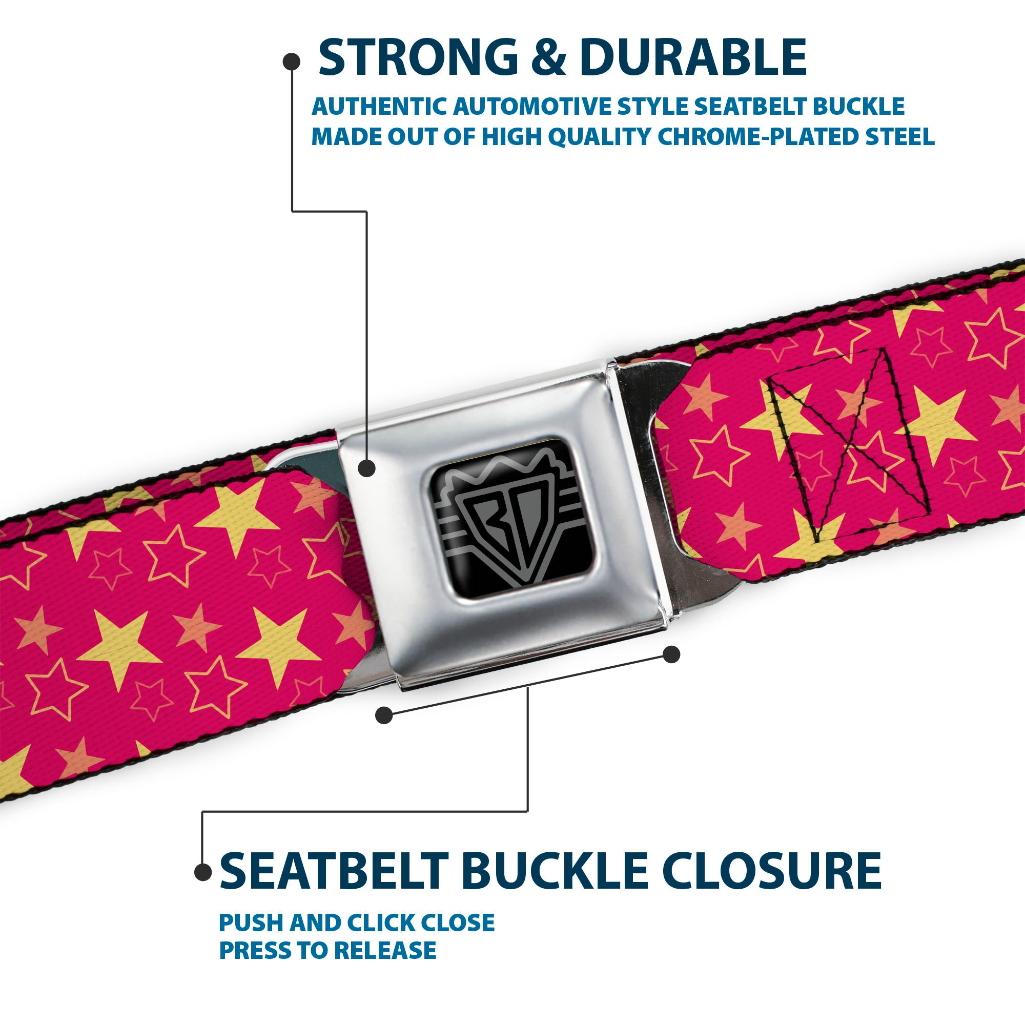 BD Wings Logo CLOSE-UP Black/Silver Seatbelt Belt - Mini Star Assortment Hot Pink/Pinks/Yellow Webbing Seatbelt Belts Buckle-Down