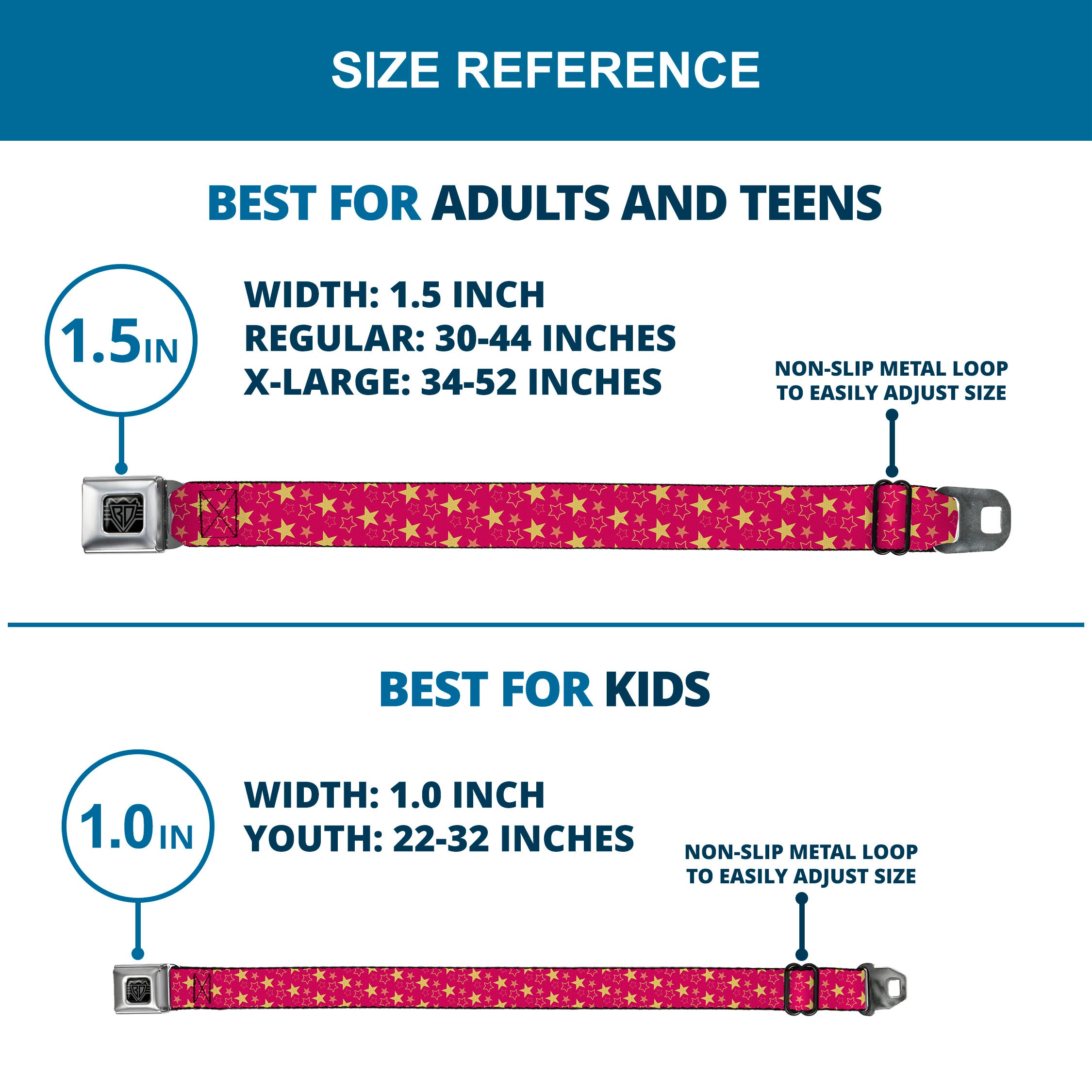 BD Wings Logo CLOSE-UP Black/Silver Seatbelt Belt - Mini Star Assortment Hot Pink/Pinks/Yellow Webbing Seatbelt Belts Buckle-Down