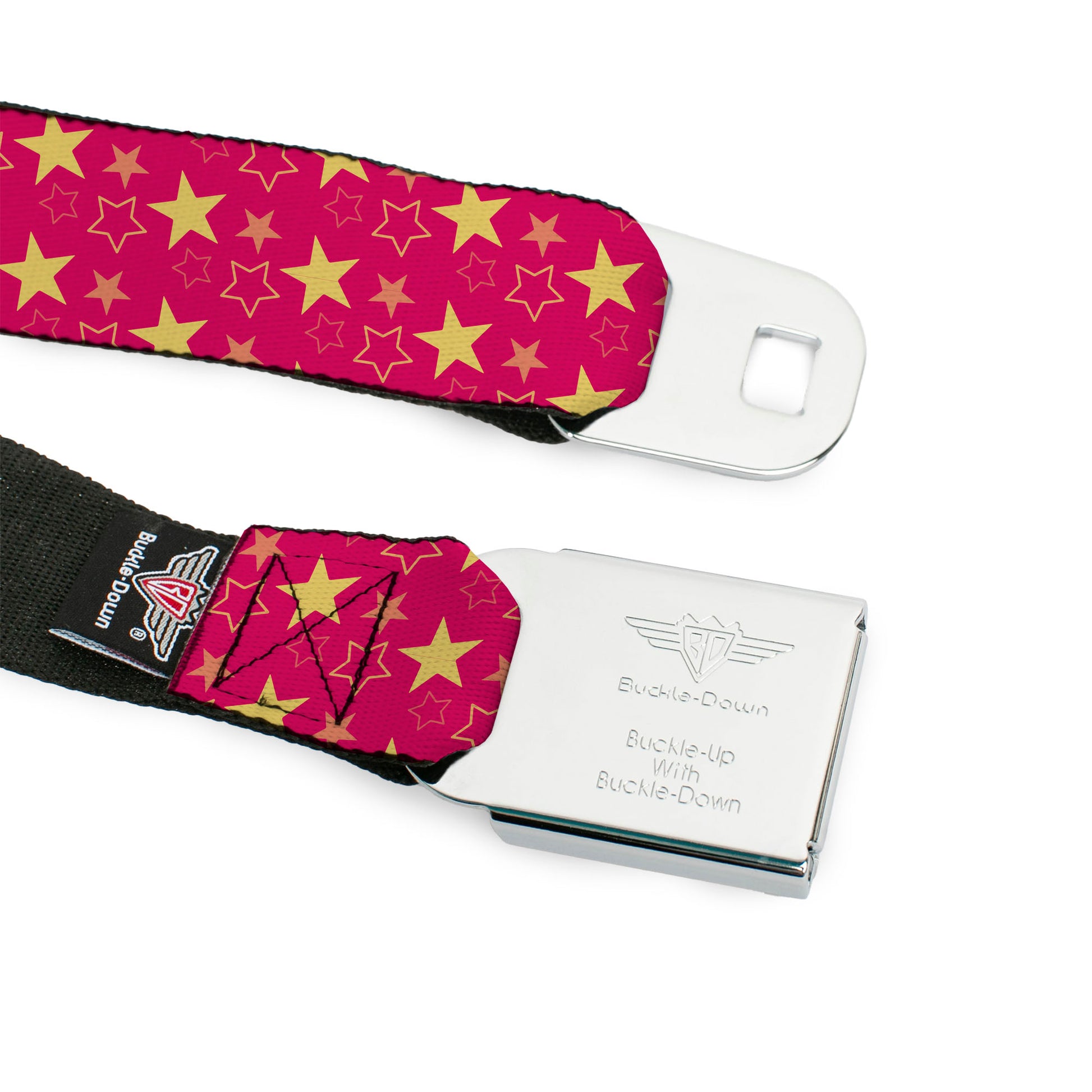 BD Wings Logo CLOSE-UP Black/Silver Seatbelt Belt - Mini Star Assortment Hot Pink/Pinks/Yellow Webbing Seatbelt Belts Buckle-Down