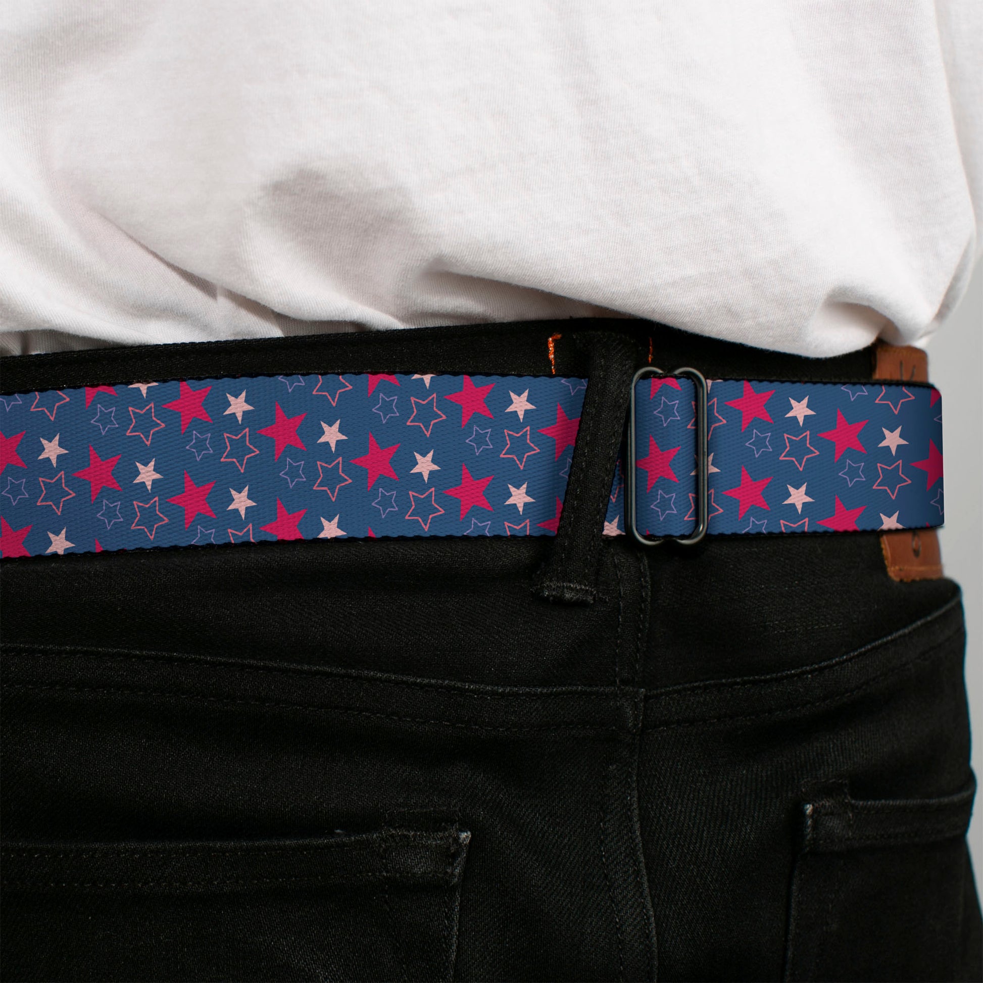 BD Wings Logo CLOSE-UP Black/Silver Seatbelt Belt - Mini Star Assortment Blue/Pinks Webbing Seatbelt Belts Buckle-Down