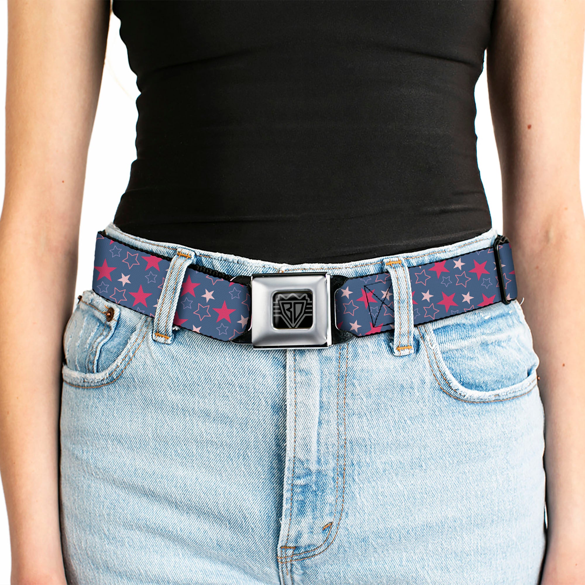 BD Wings Logo CLOSE-UP Black/Silver Seatbelt Belt - Mini Star Assortment Blue/Pinks Webbing Seatbelt Belts Buckle-Down