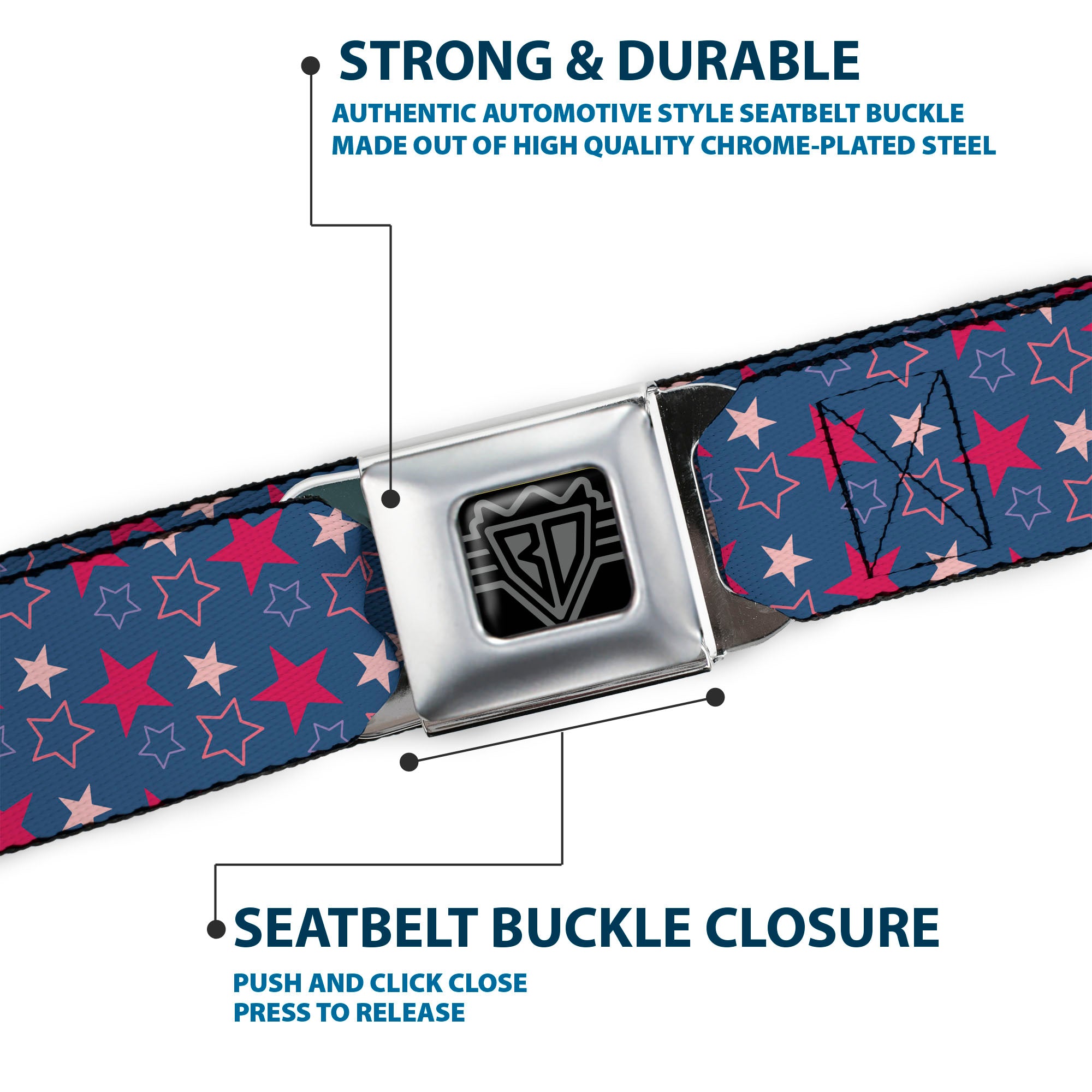 BD Wings Logo CLOSE-UP Black/Silver Seatbelt Belt - Mini Star Assortment Blue/Pinks Webbing Seatbelt Belts Buckle-Down